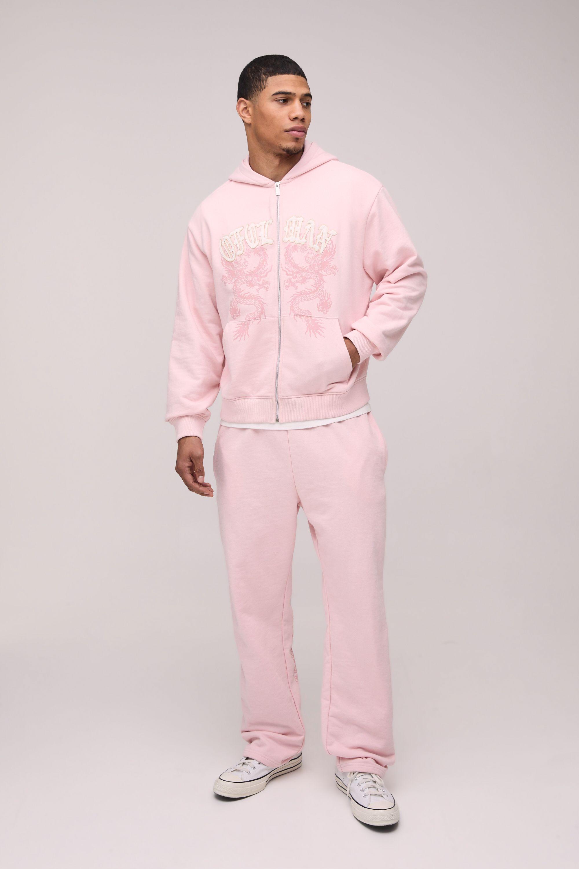 Oversized Ofclman Applique  Dragon Hooded Zip Through Wash Tracksuit by BOOHOOMAN