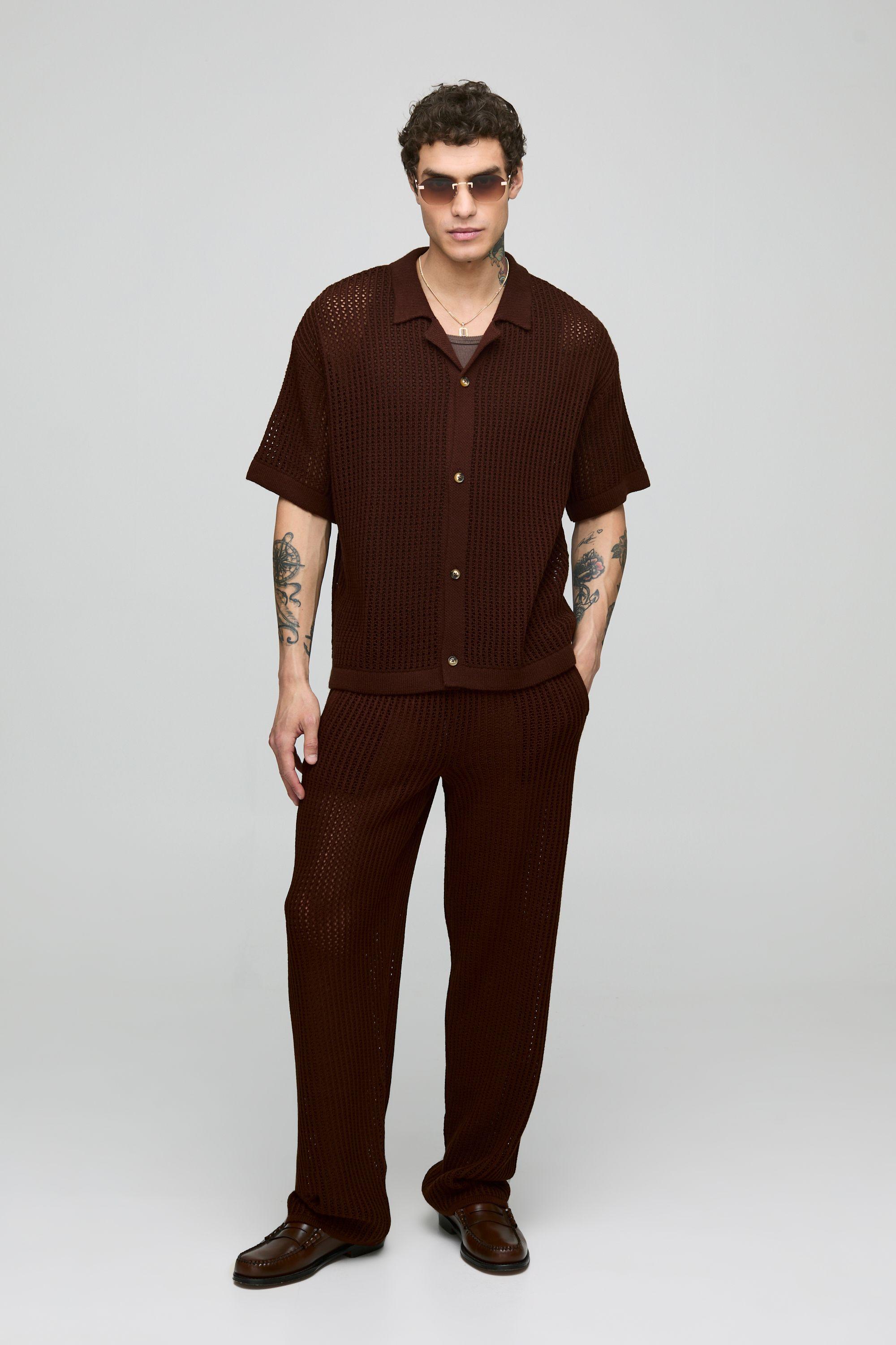 Oversized Open Stitch Revere Shirt & Relaxed Trouser Knitted Set by BOOHOOMAN