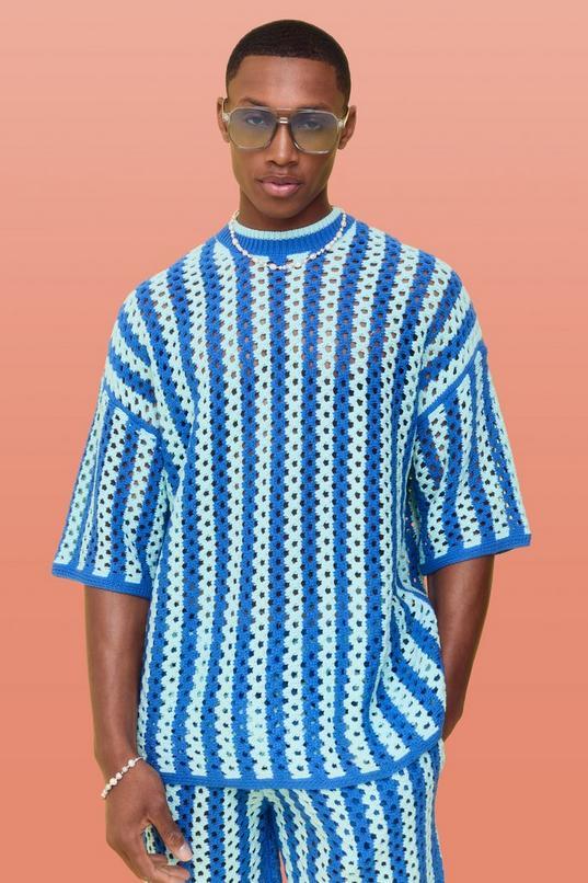 Oversized Open Stitch Stripe Knitted T-shirt by BOOHOOMAN