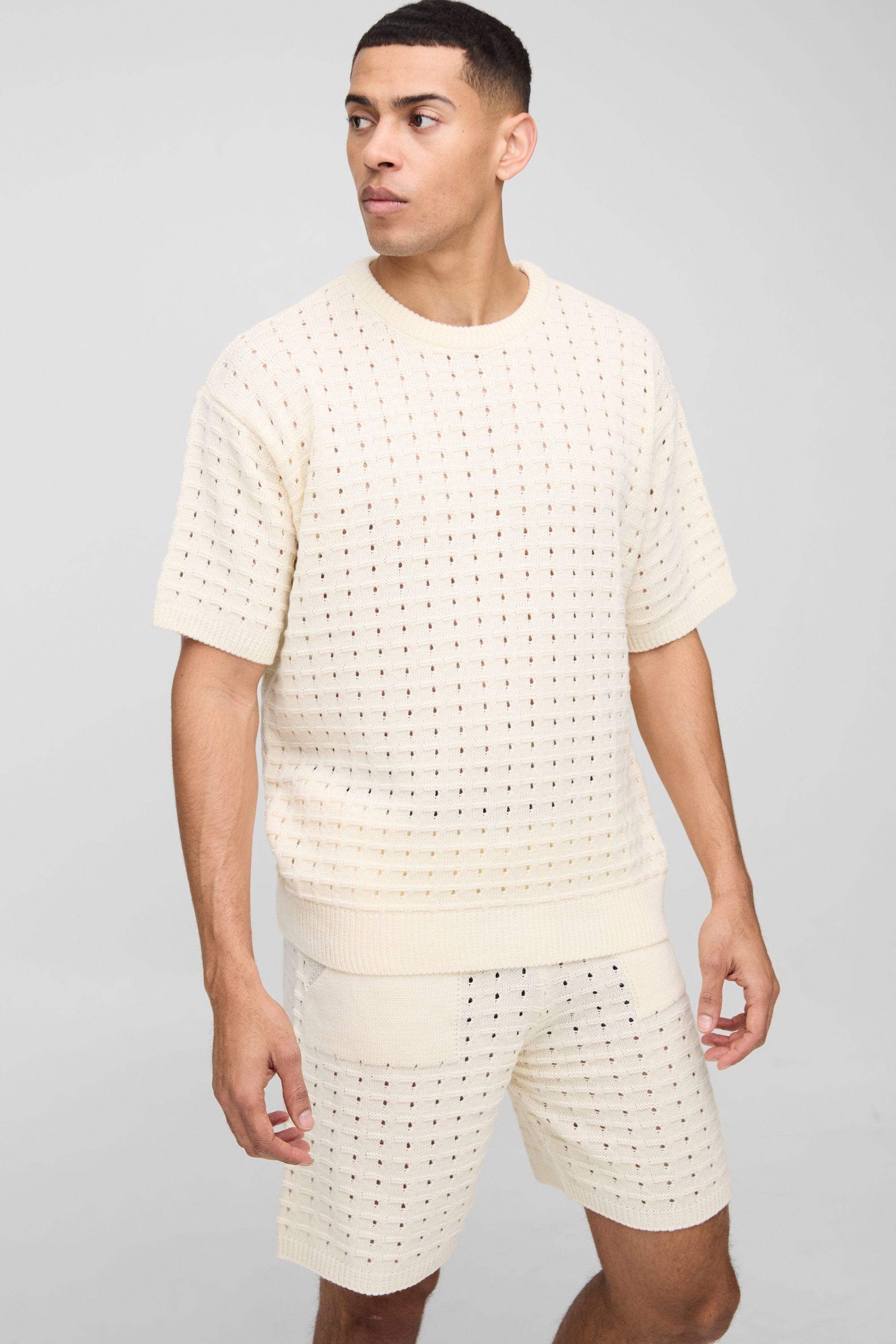 Oversized Open Stitch T-Shirt & Short Knitted Tracksuit by BOOHOOMAN