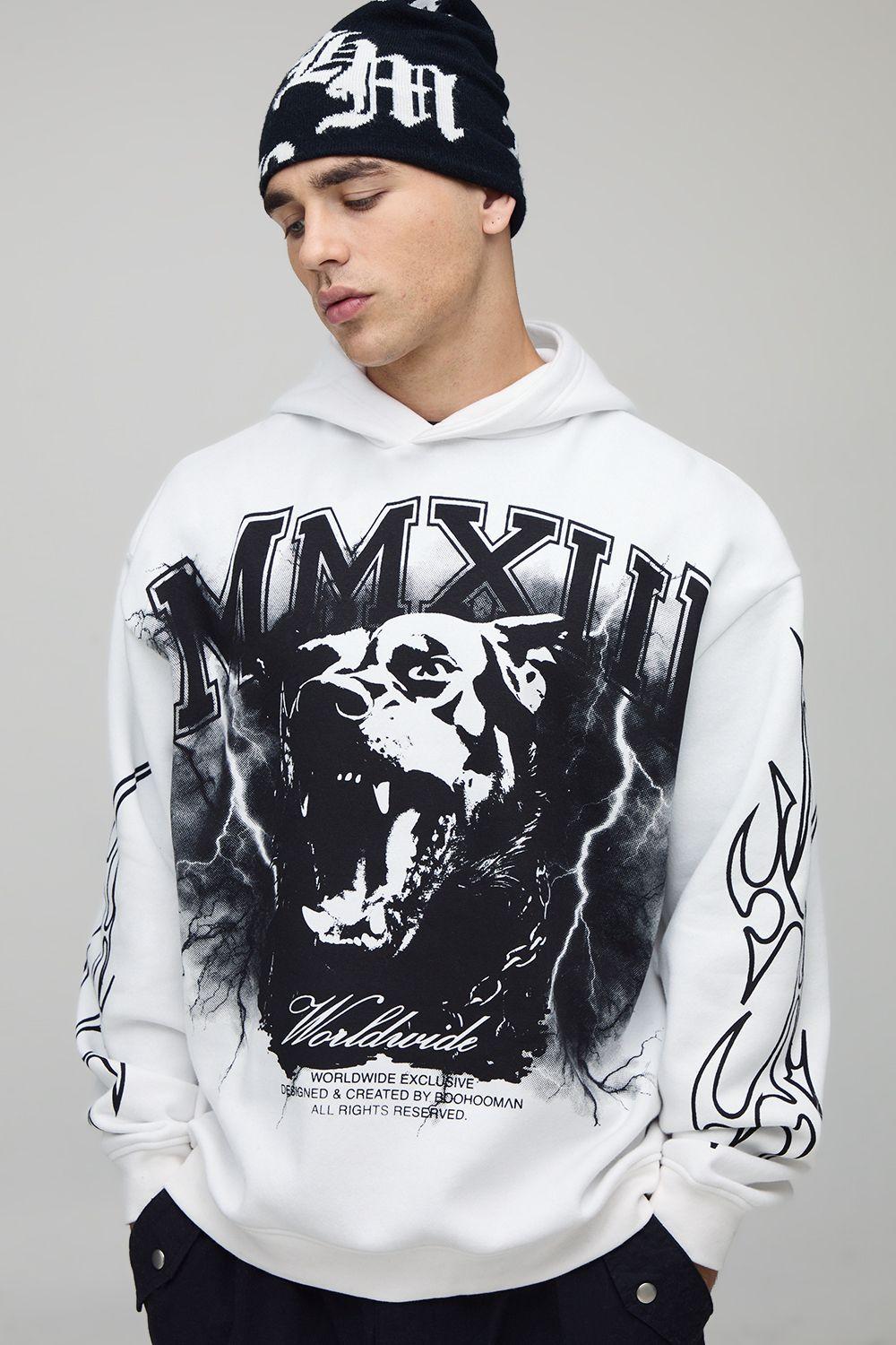 Oversized Over Seams Rottweiler Lightning Graphic Hoodie by BOOHOOMAN
