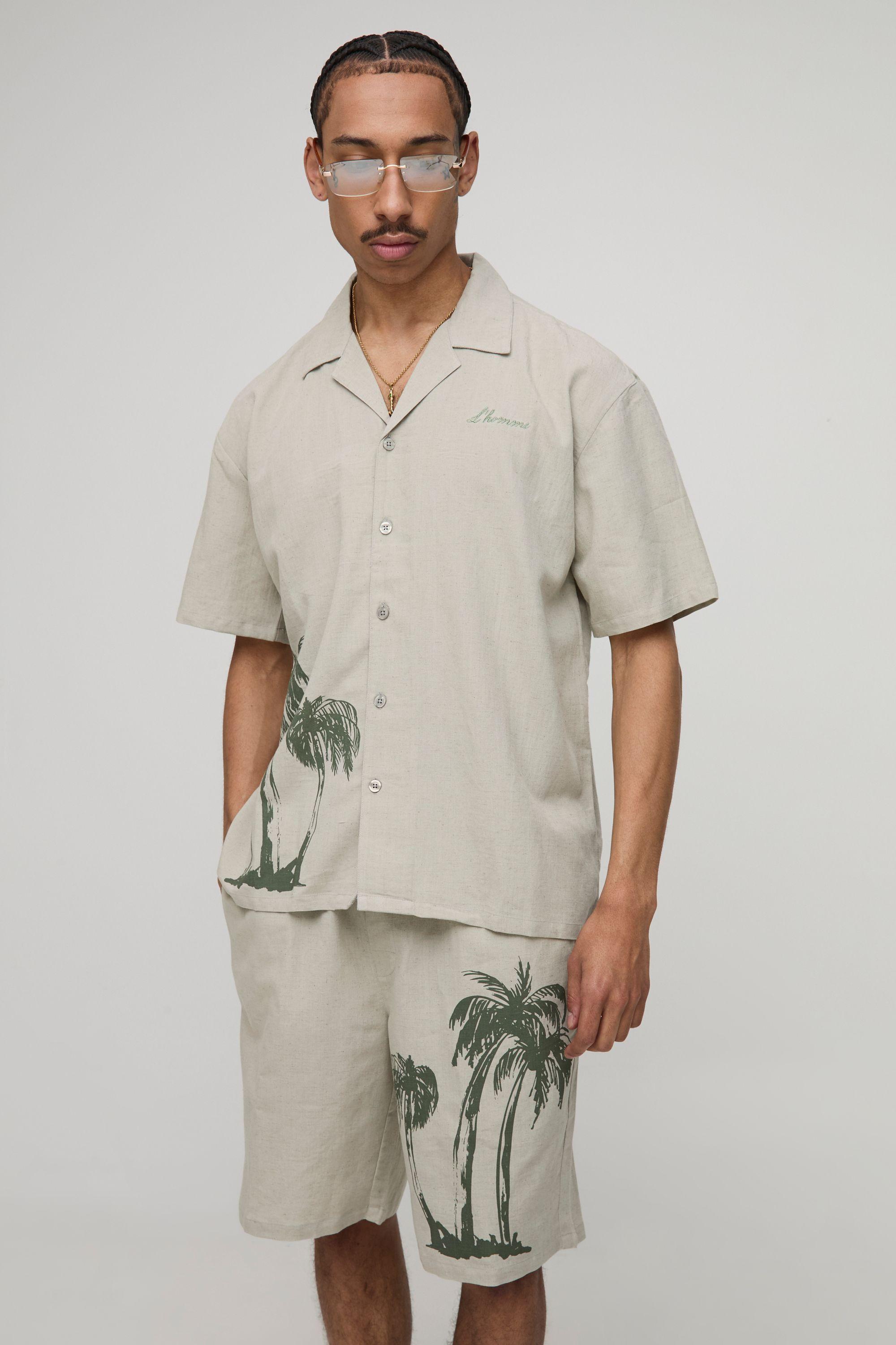 Oversized Palm Tree Print Linen Look Shirt & Short Set by BOOHOOMAN