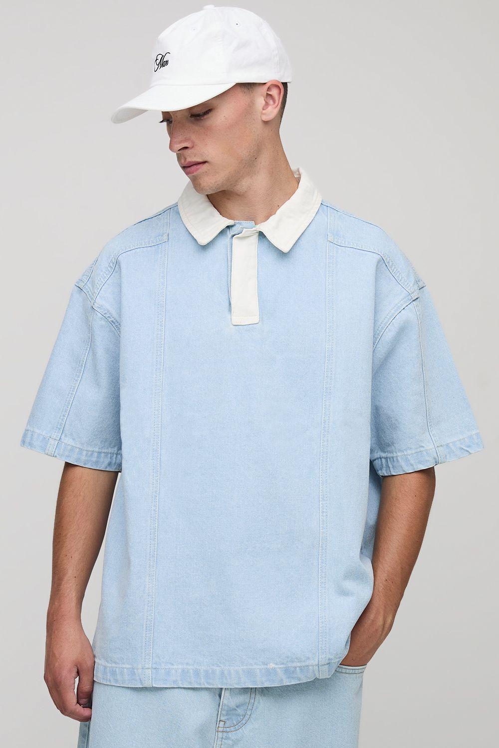Oversized Panelled Denim Rugby Shirt by BOOHOOMAN