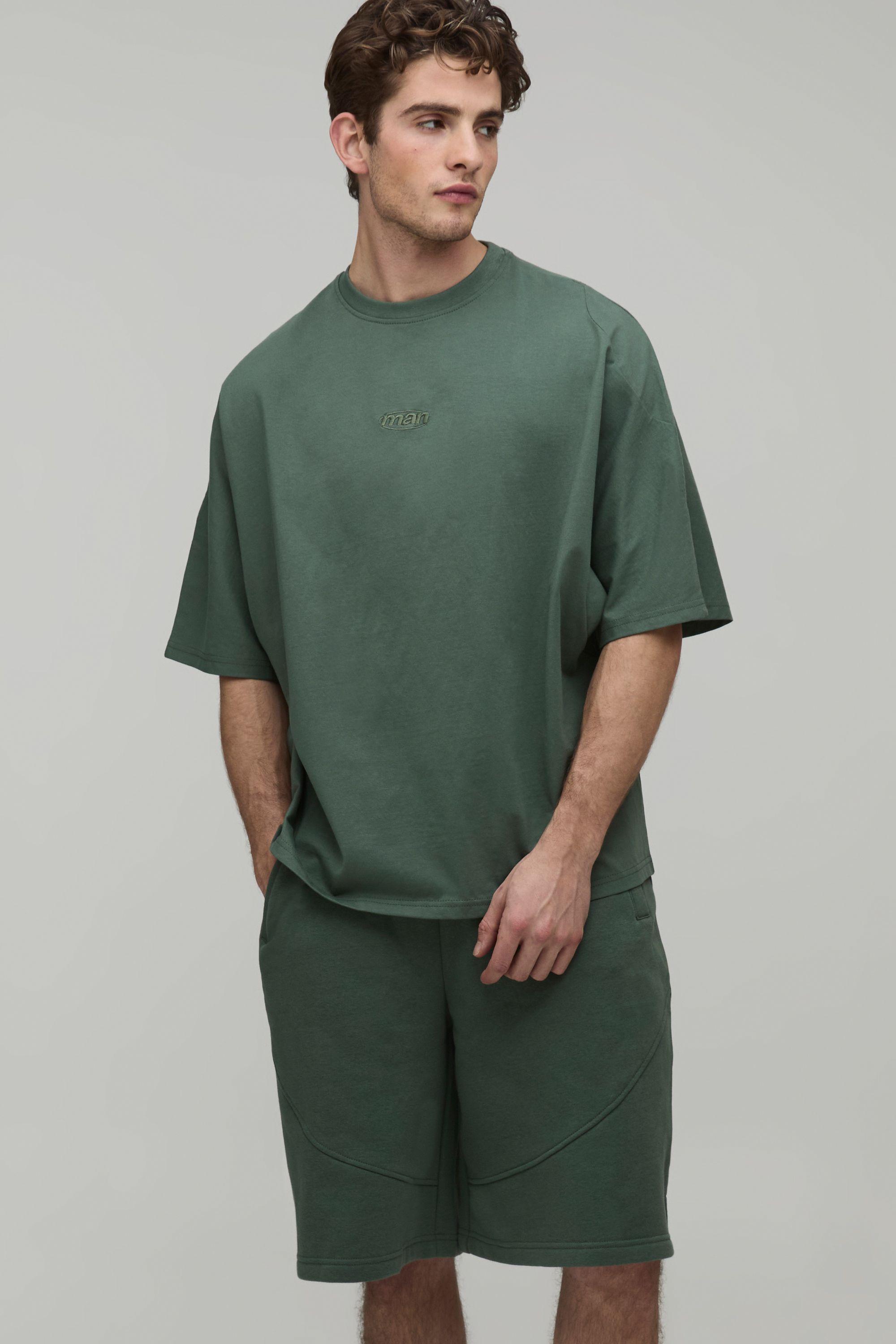 Oversized Panelled Man Embroidered T-Shirt and Short Set by BOOHOOMAN