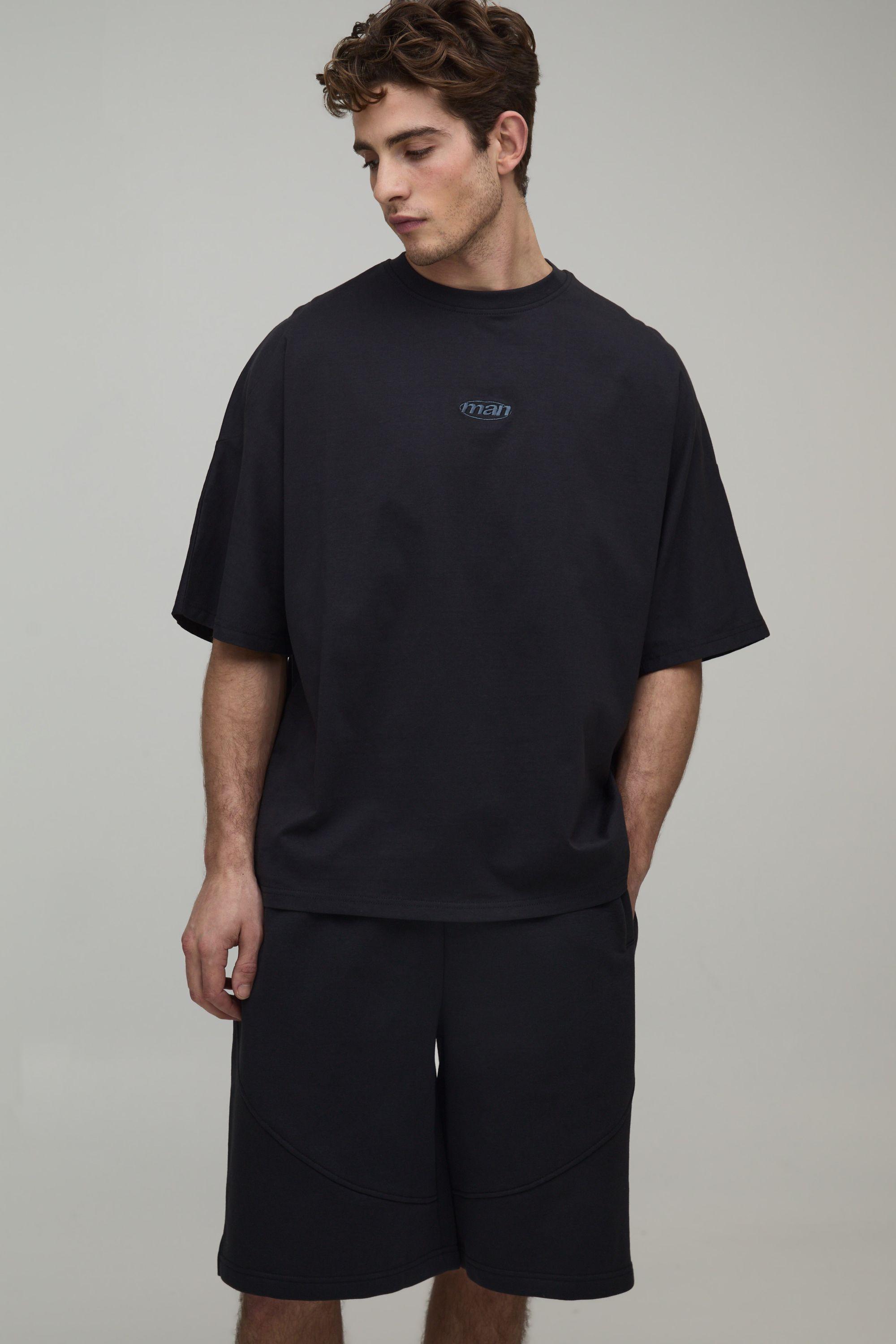 Oversized Panelled Man Embroidered T-Shirt and Short Set by BOOHOOMAN