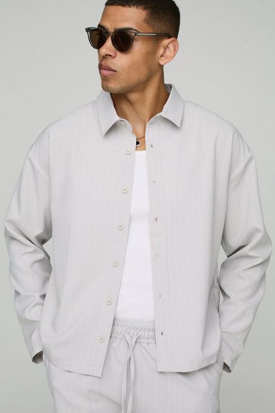 Oversized Pinstripe Linen Look Overshirt by BOOHOOMAN