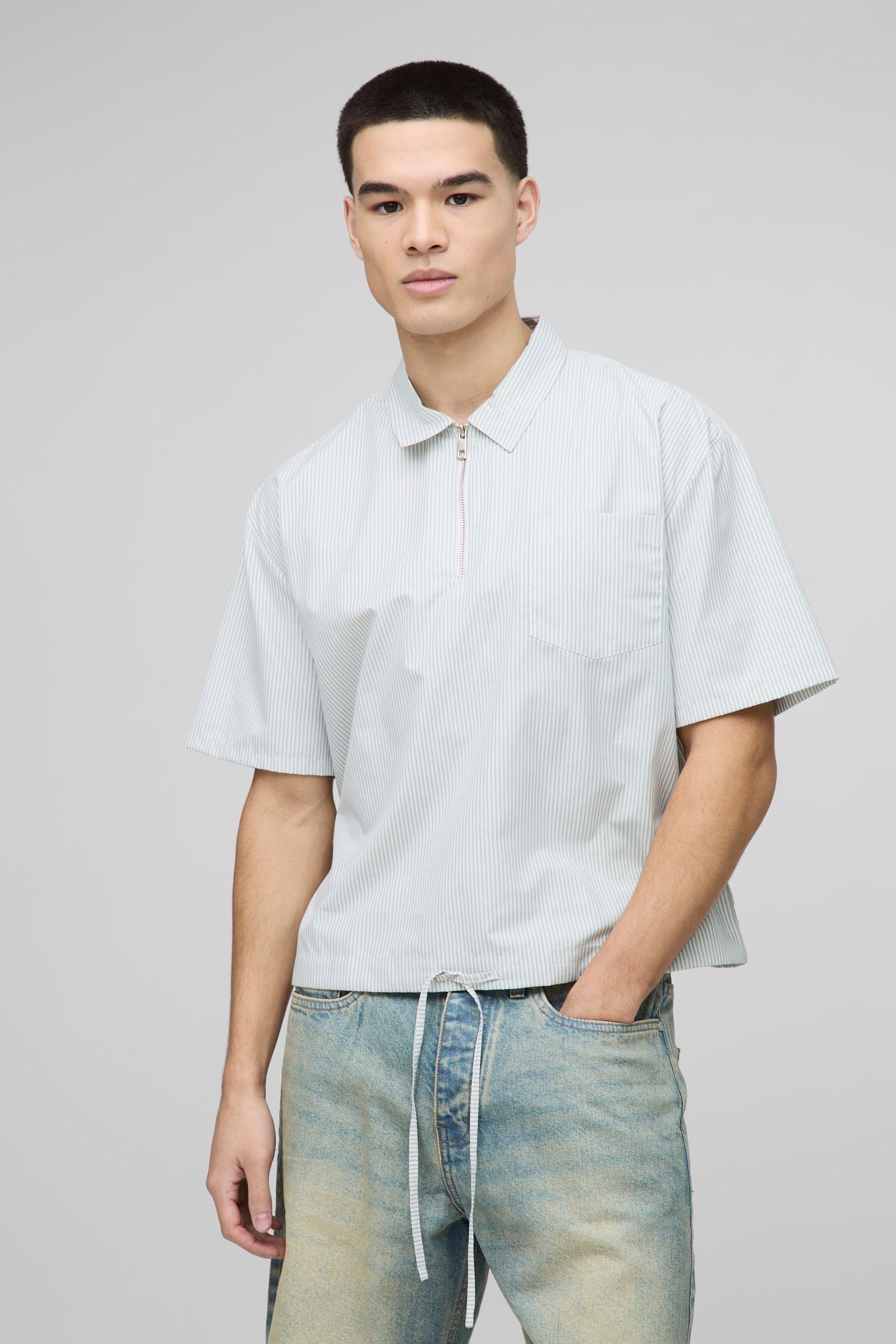 Oversized Pocket Detail Bungee Hem Stripe Shirt by BOOHOOMAN