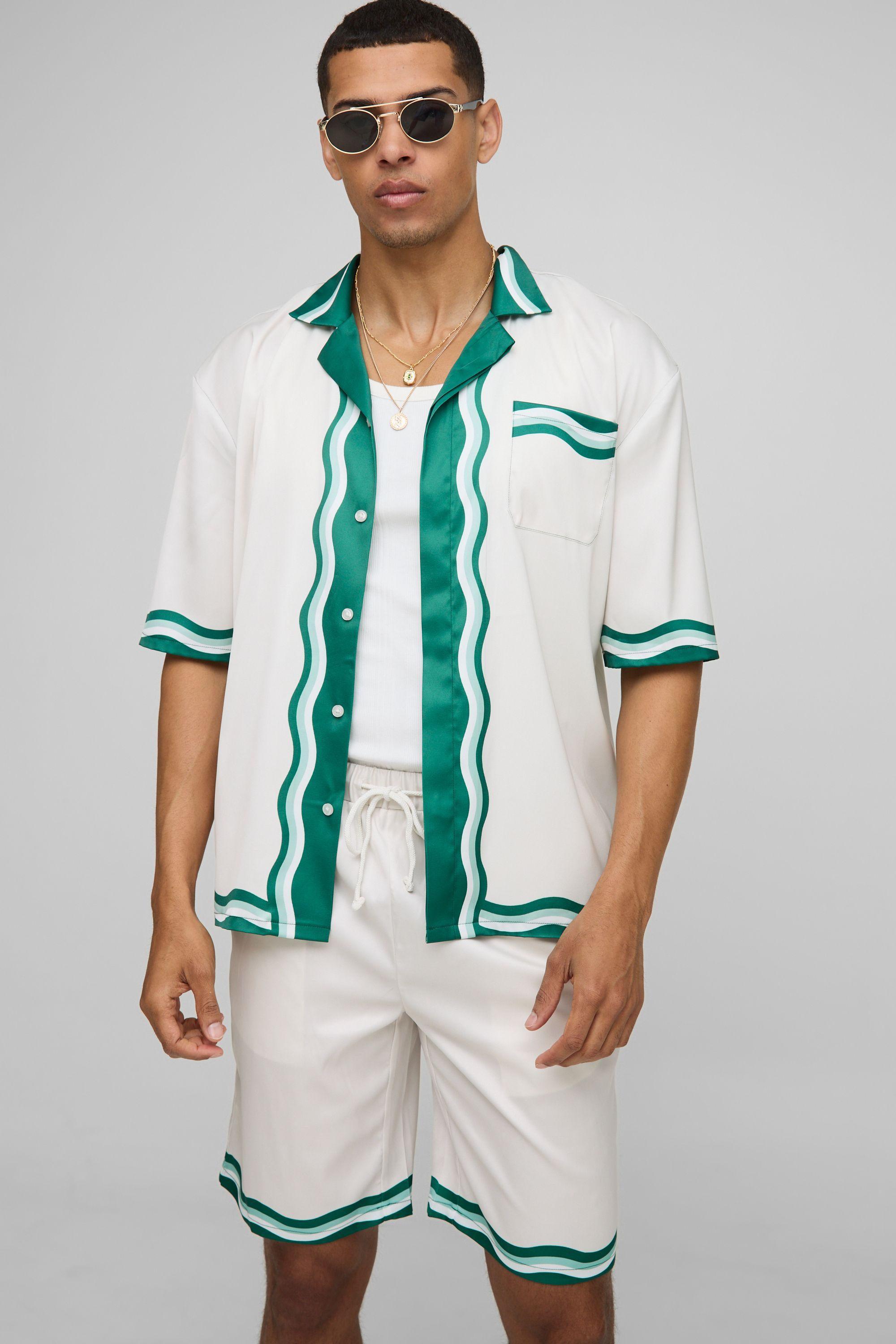 Oversized Print Satin Shirt and Short Set by BOOHOOMAN