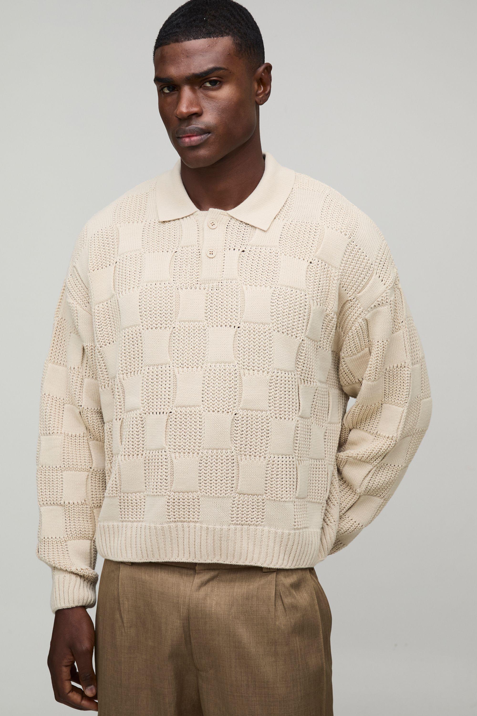 Oversized Rib Mixed Cable Knitted Polo by BOOHOOMAN