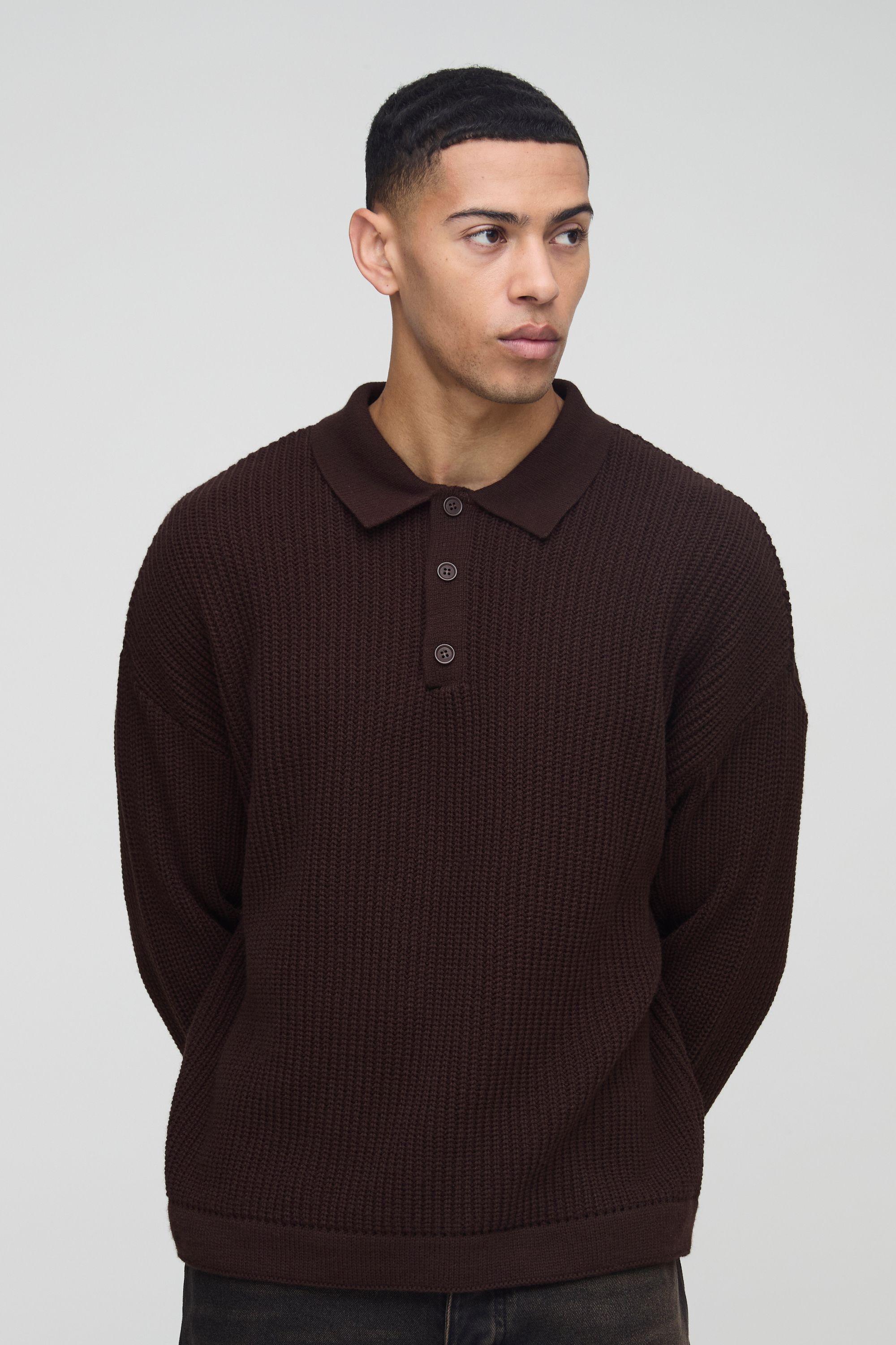 Oversized Ribbed Button Up Knitted Polo by BOOHOOMAN