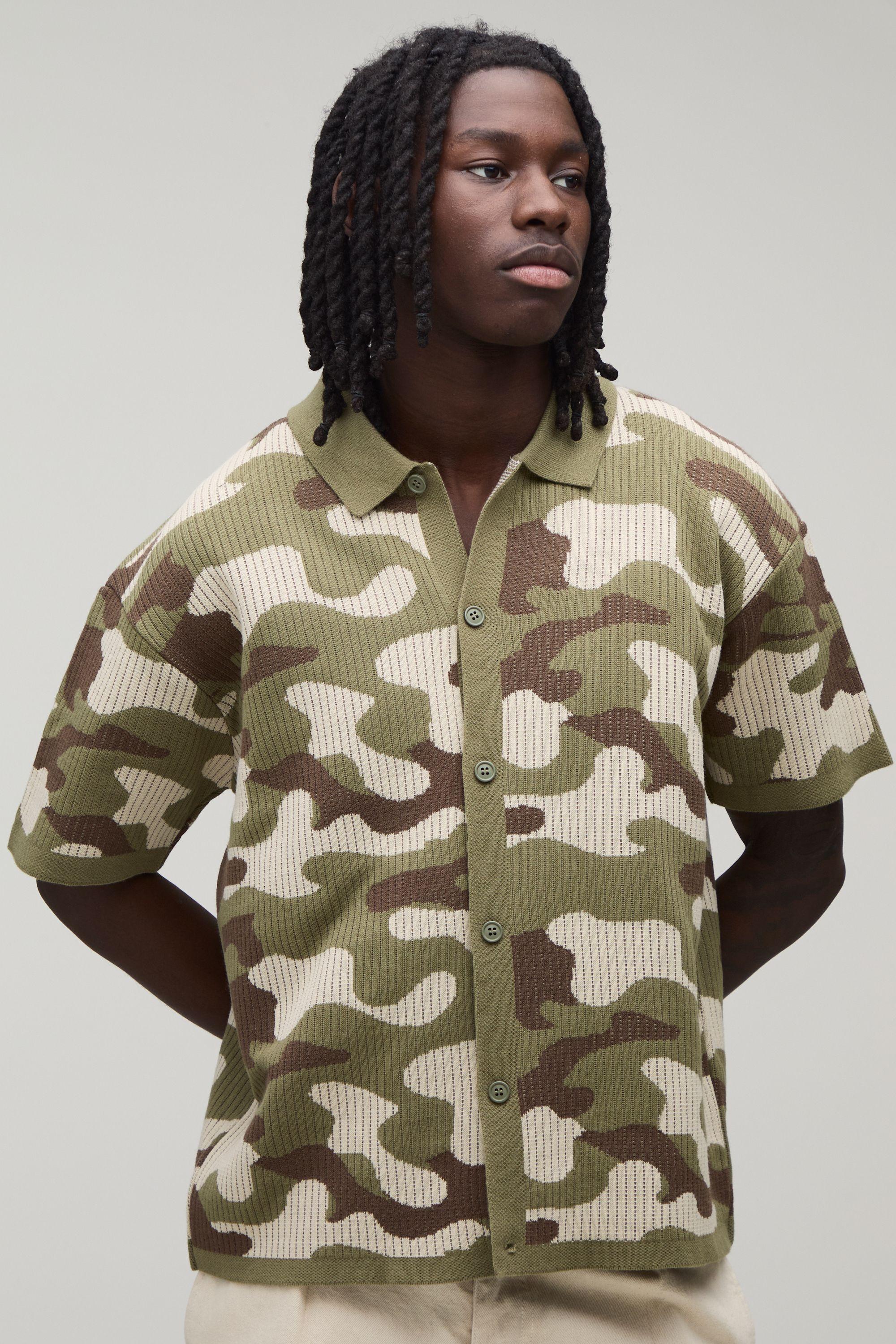 Oversized Ribbed Camo Knitted Shirt by BOOHOOMAN