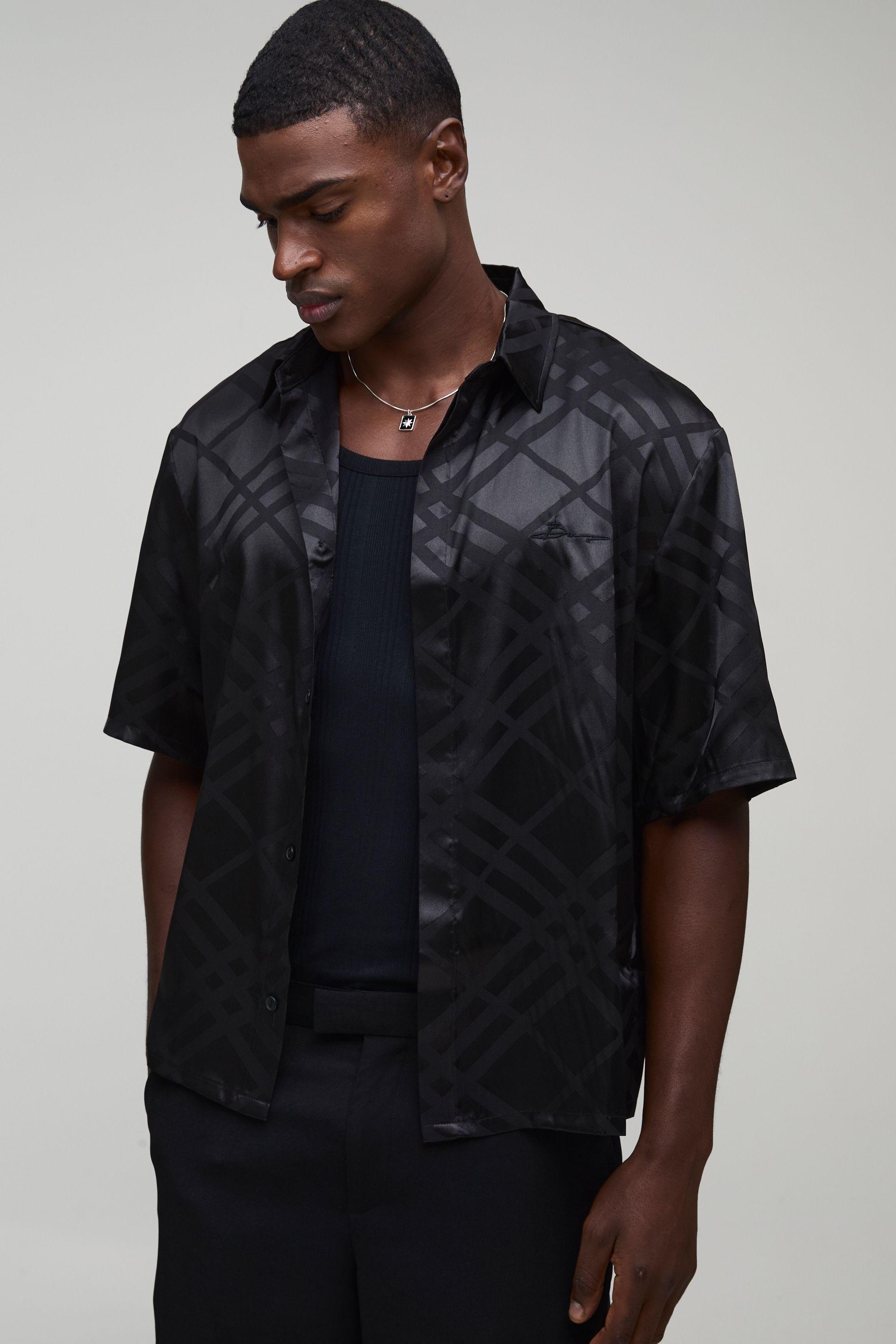 Oversized Satin Check Half Sleeve Shirt by BOOHOOMAN