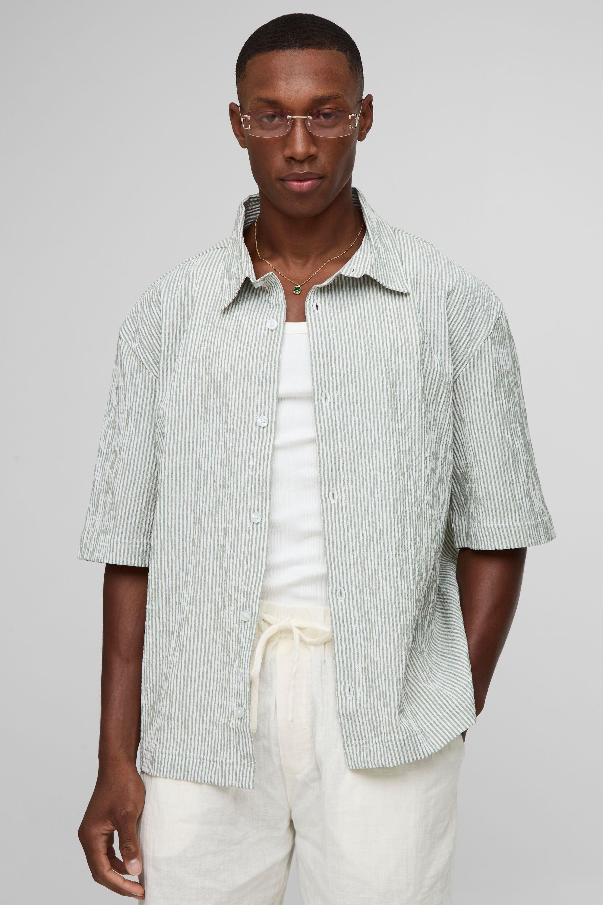 Oversized Seersucker Stripe Collared Shirt by BOOHOOMAN