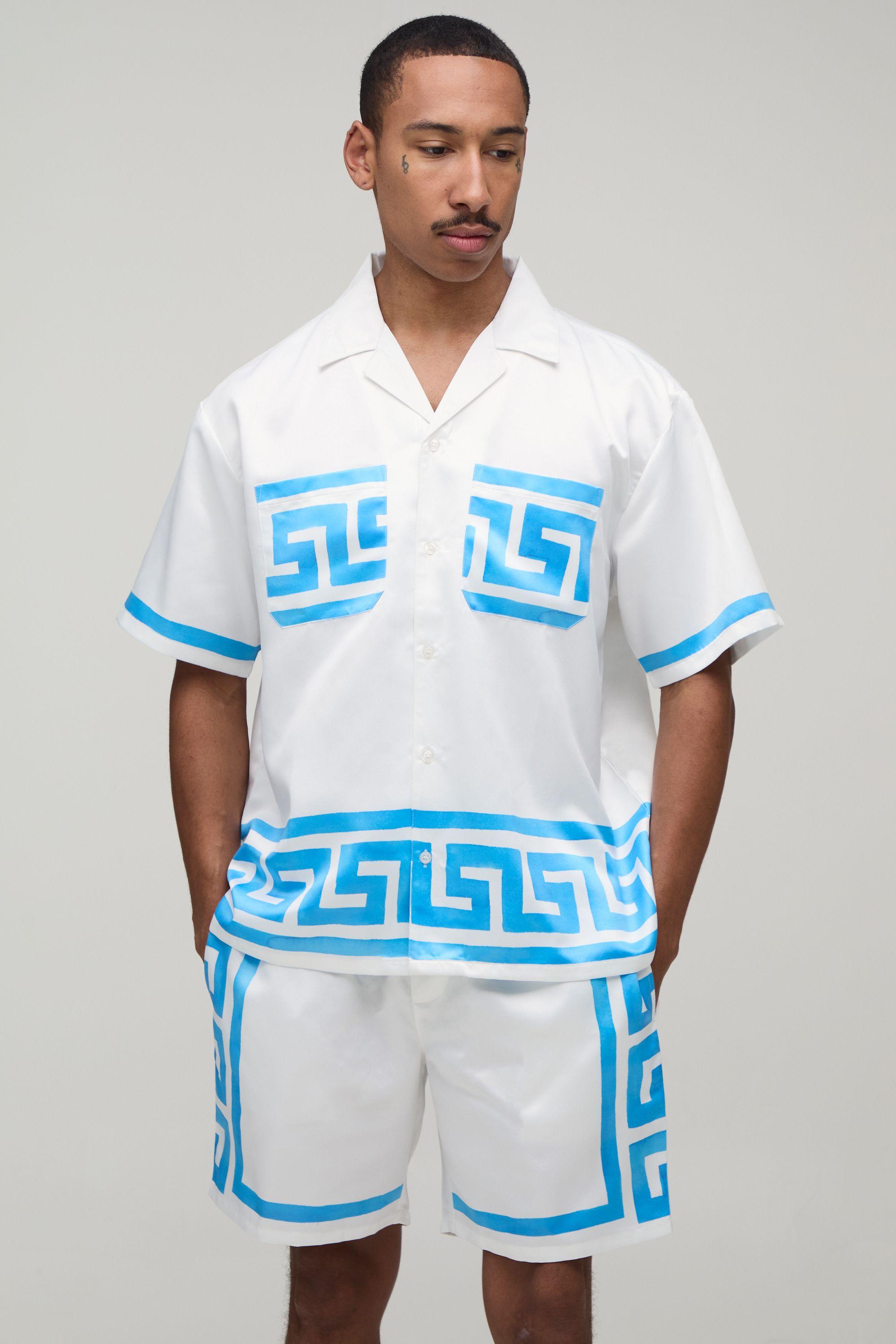 Oversized Short Sleeve Abstract Boarder Print Satin Shirt & Short Set by BOOHOOMAN
