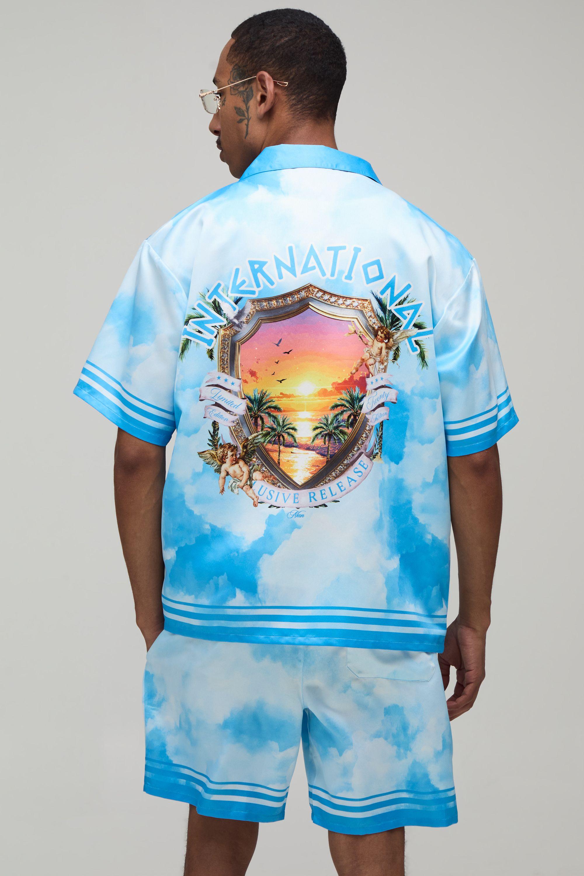 Oversized Short Sleeve Abstract Location Print Satin Shirt & Short Set by BOOHOOMAN