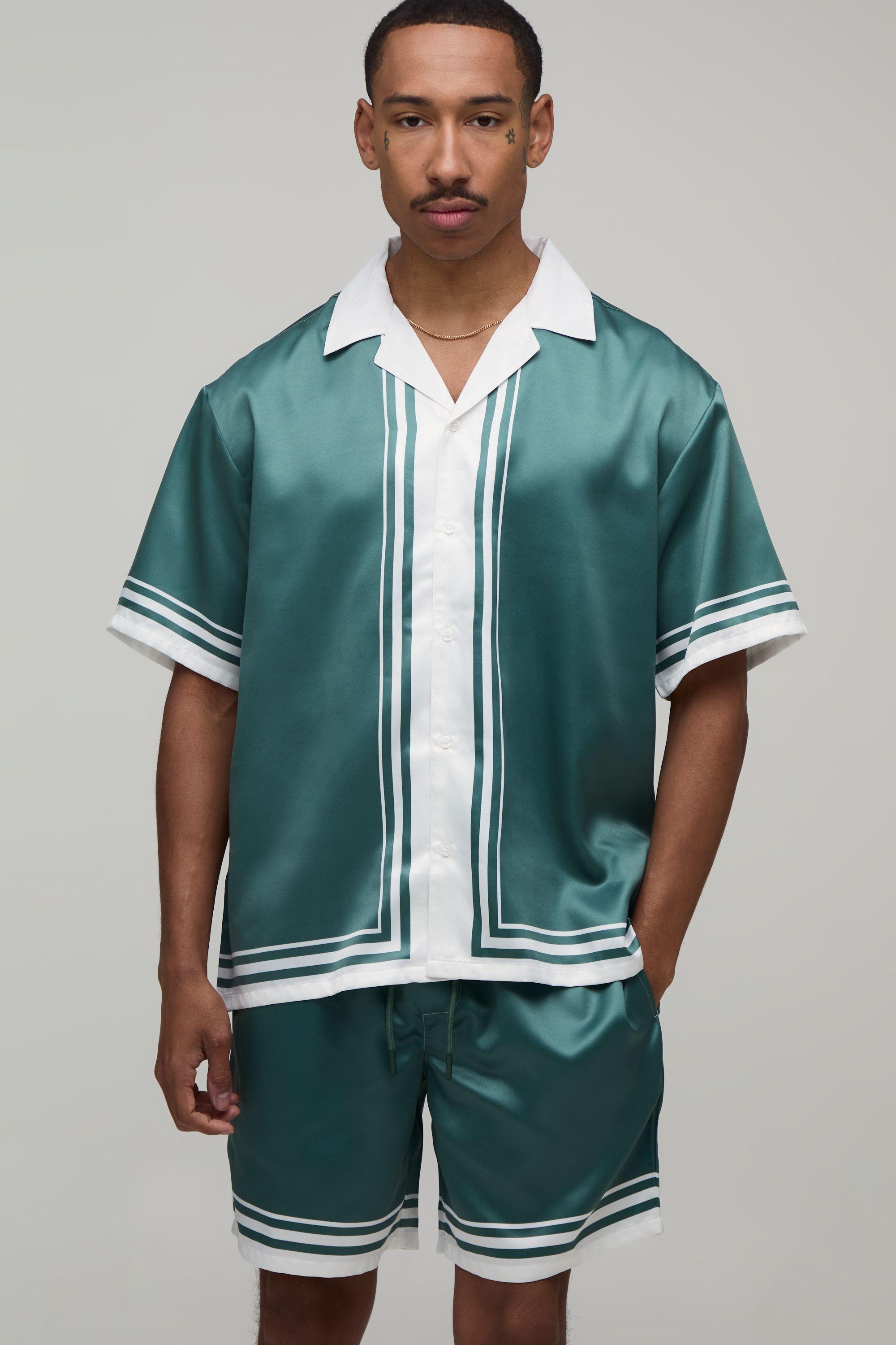 Oversized Short Sleeve Double Boarder Print Satin Shirt & Short Set by BOOHOOMAN