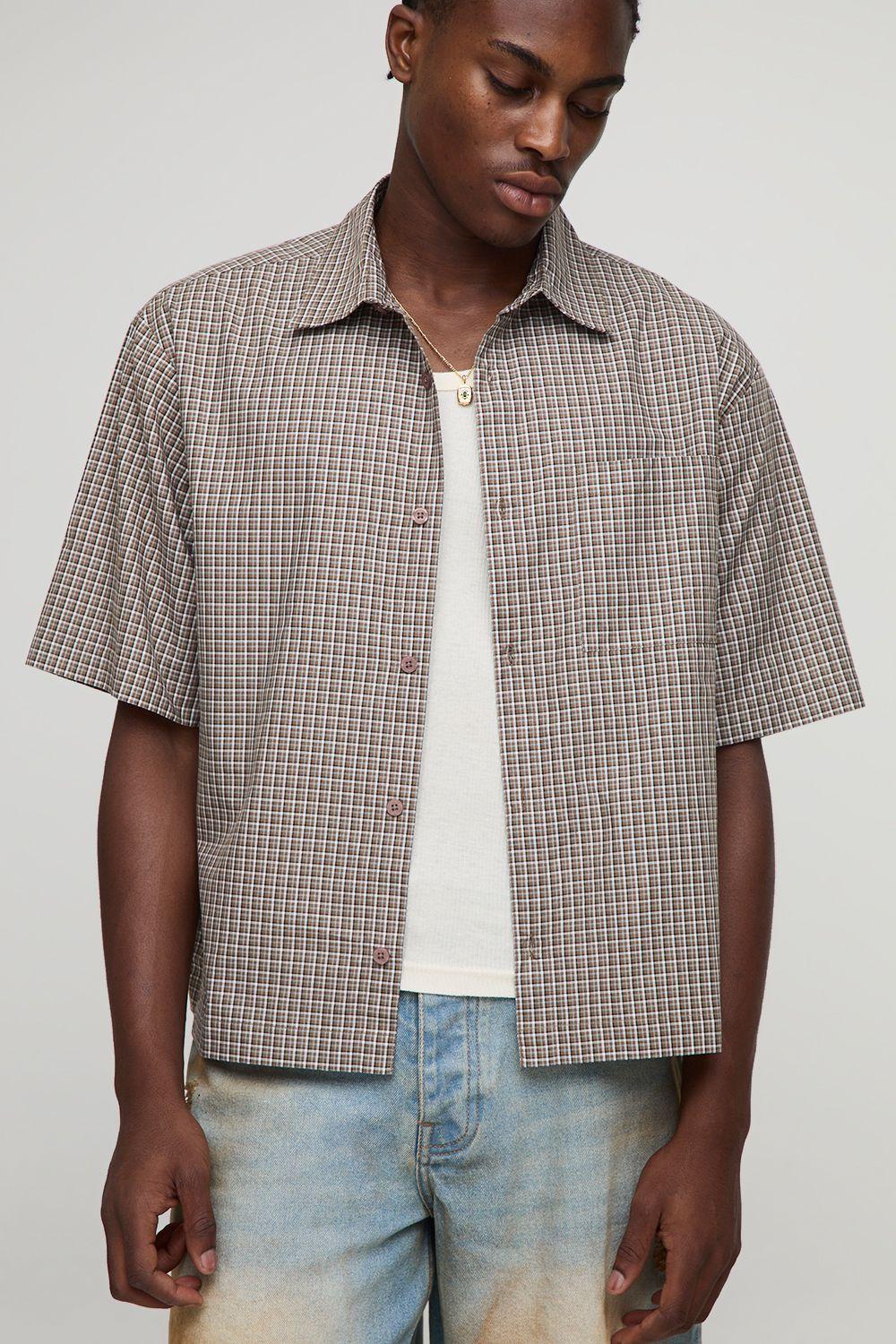 Oversized Short Sleeve Embroidered Micro Check Shirt by BOOHOOMAN