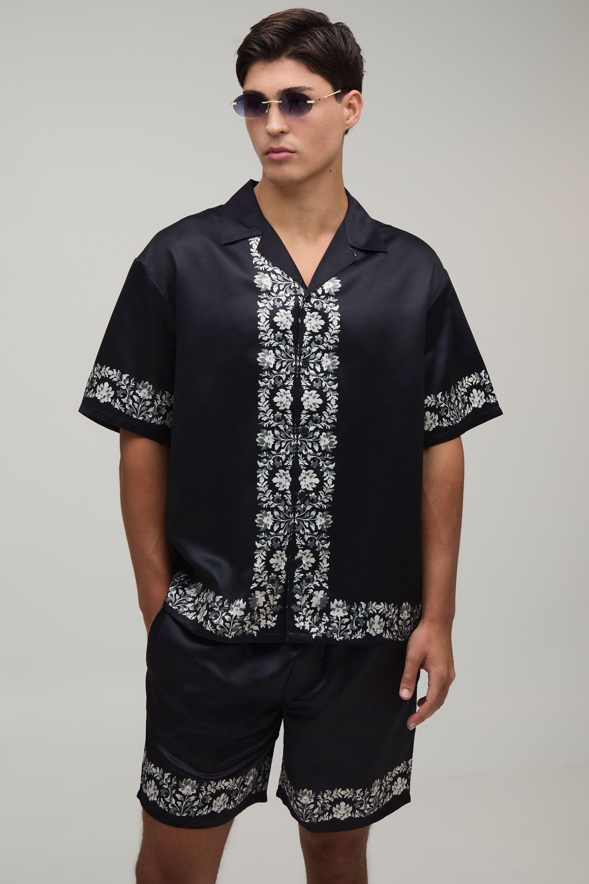 Oversized Short Sleeve Floral Boarder Print Satin Shirt & Short Set by BOOHOOMAN