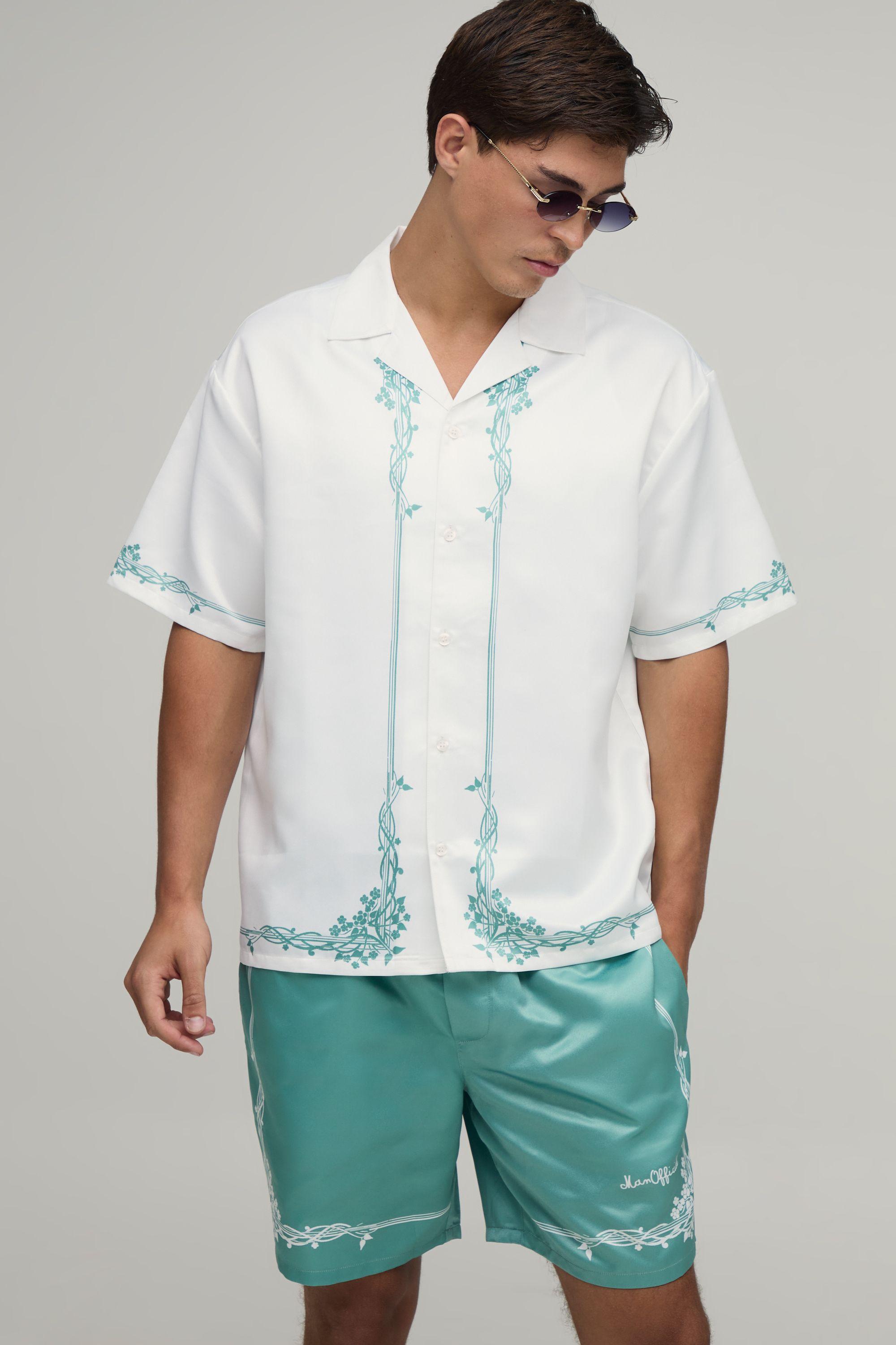 Oversized Short Sleeve Floral Boarder Print Satin Shirt & Short Set by BOOHOOMAN