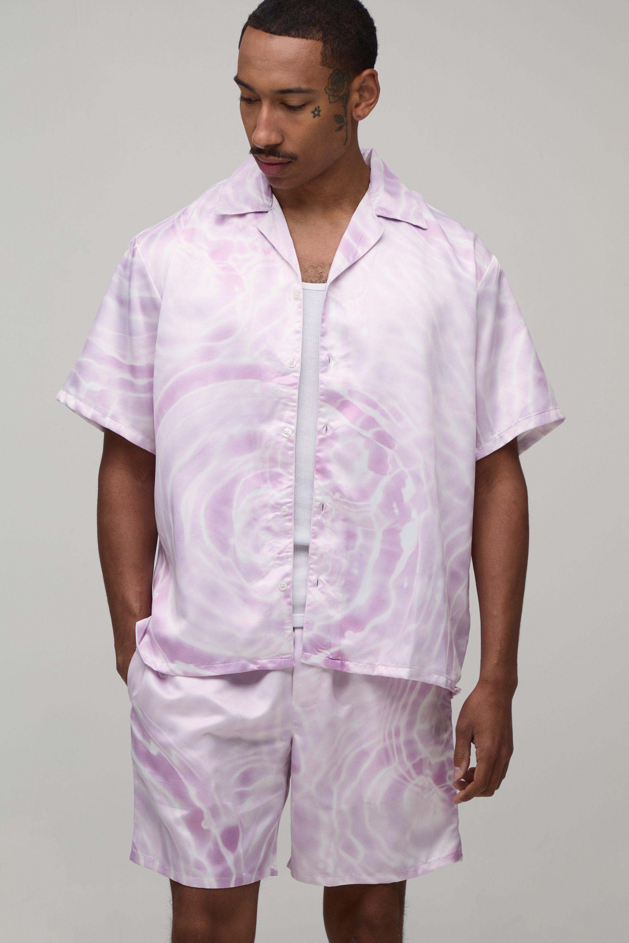 Oversized Short Sleeve Water Print Satin Shirt & Short Set by BOOHOOMAN