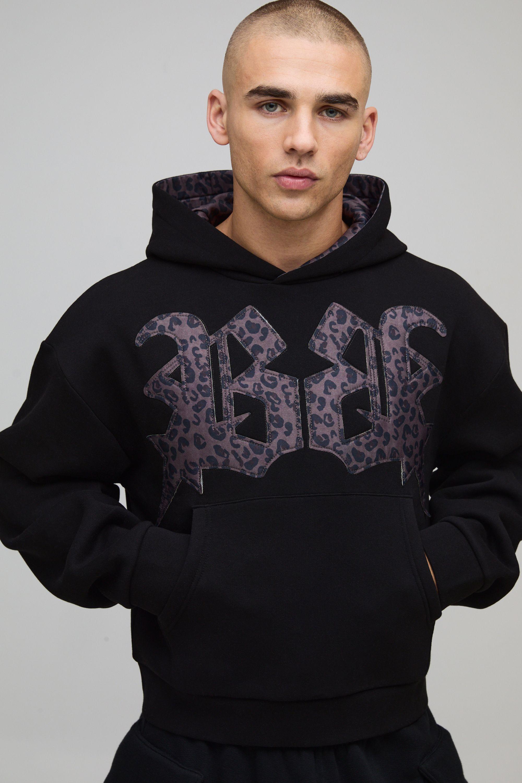 Oversized Shrunken Boxy Leopard Print Applique Hoodie by BOOHOOMAN