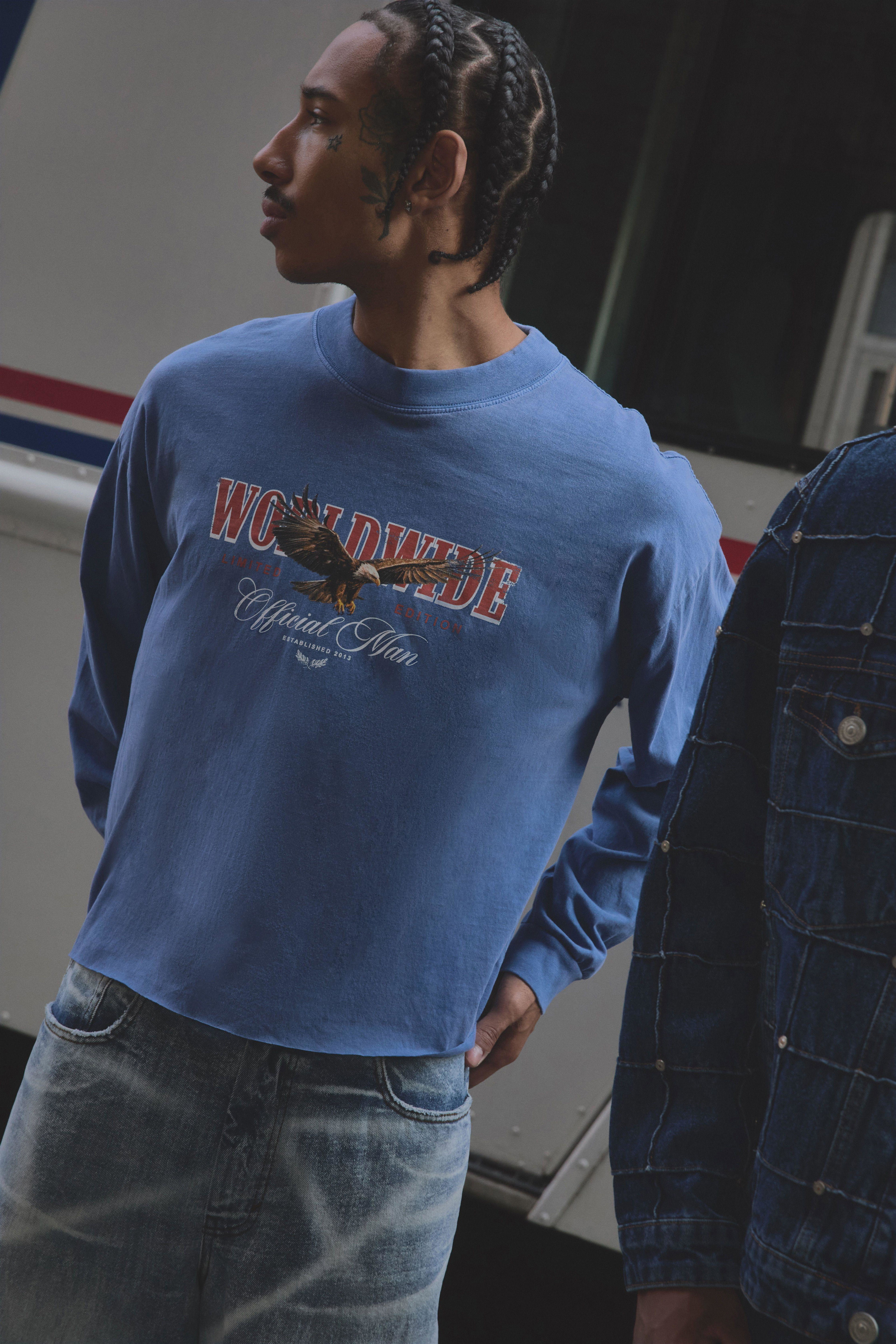 Oversized Shrunken Boxy Raw Hem Eagle Long Sleeve Washed Graphic T-Shirt by BOOHOOMAN