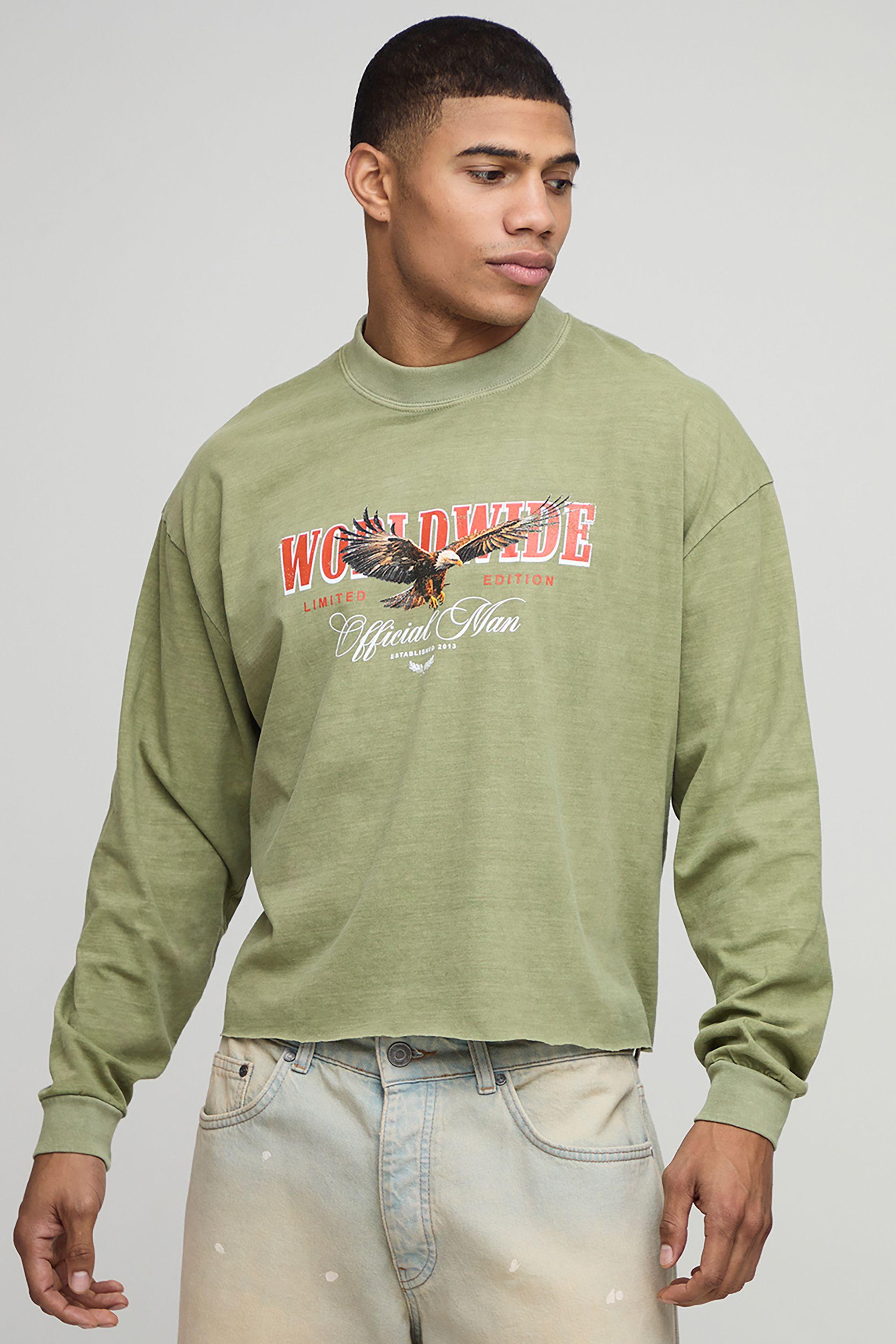 Oversized Shrunken Boxy Raw Hem Eagle Long Sleeve Washed Graphic T-Shirt by BOOHOOMAN
