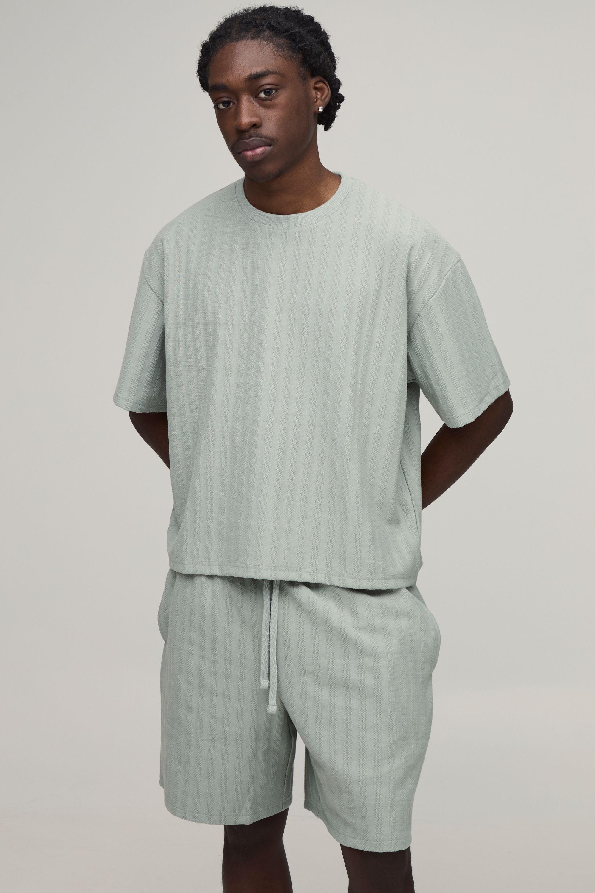 Oversized Shrunken Jacquard Stripe T-Shirt & Baggy Shorts Set by BOOHOOMAN