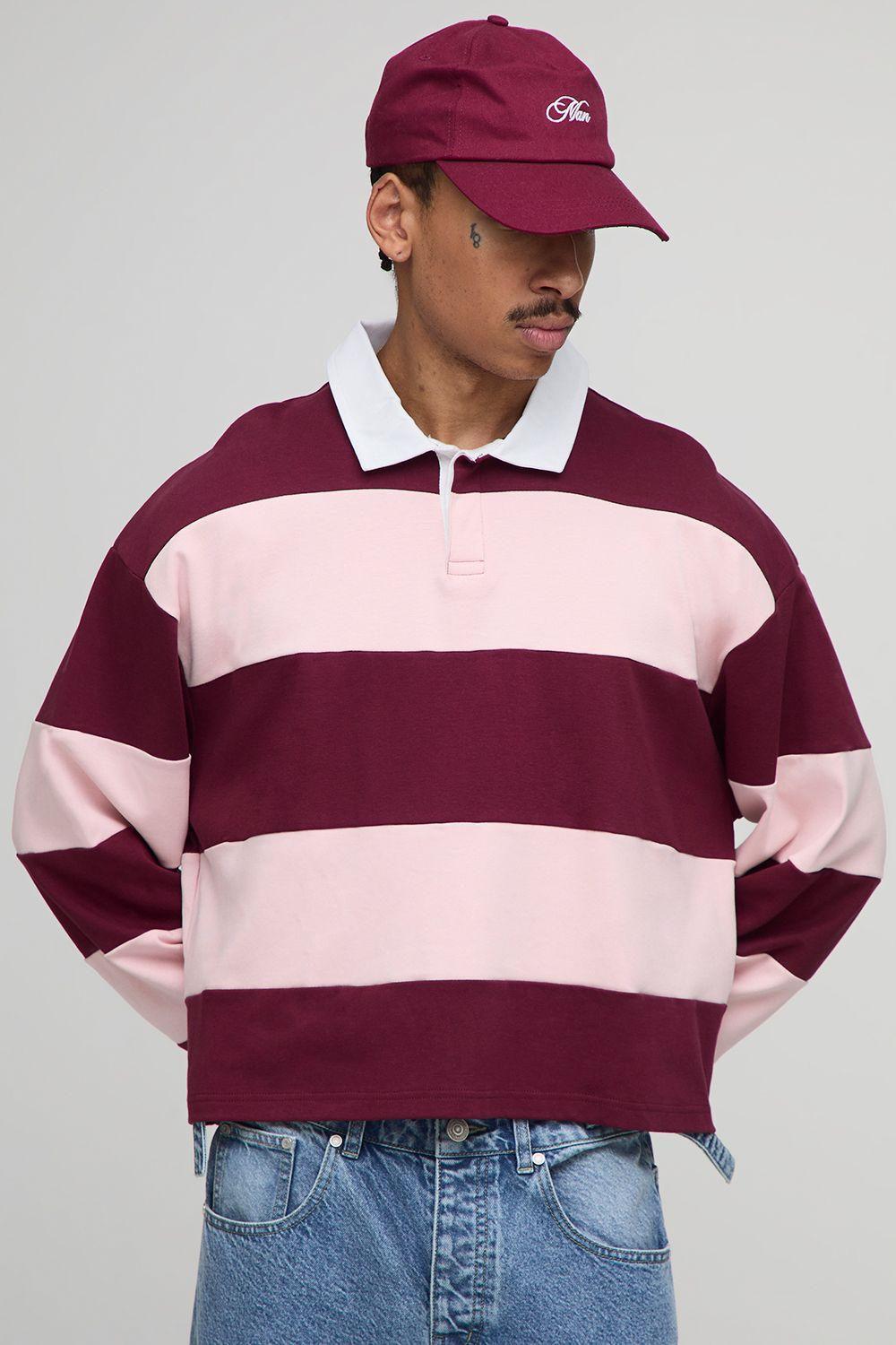 Oversized Shrunken Stripe Interlock Long Sleeve Rugby Polo by BOOHOOMAN