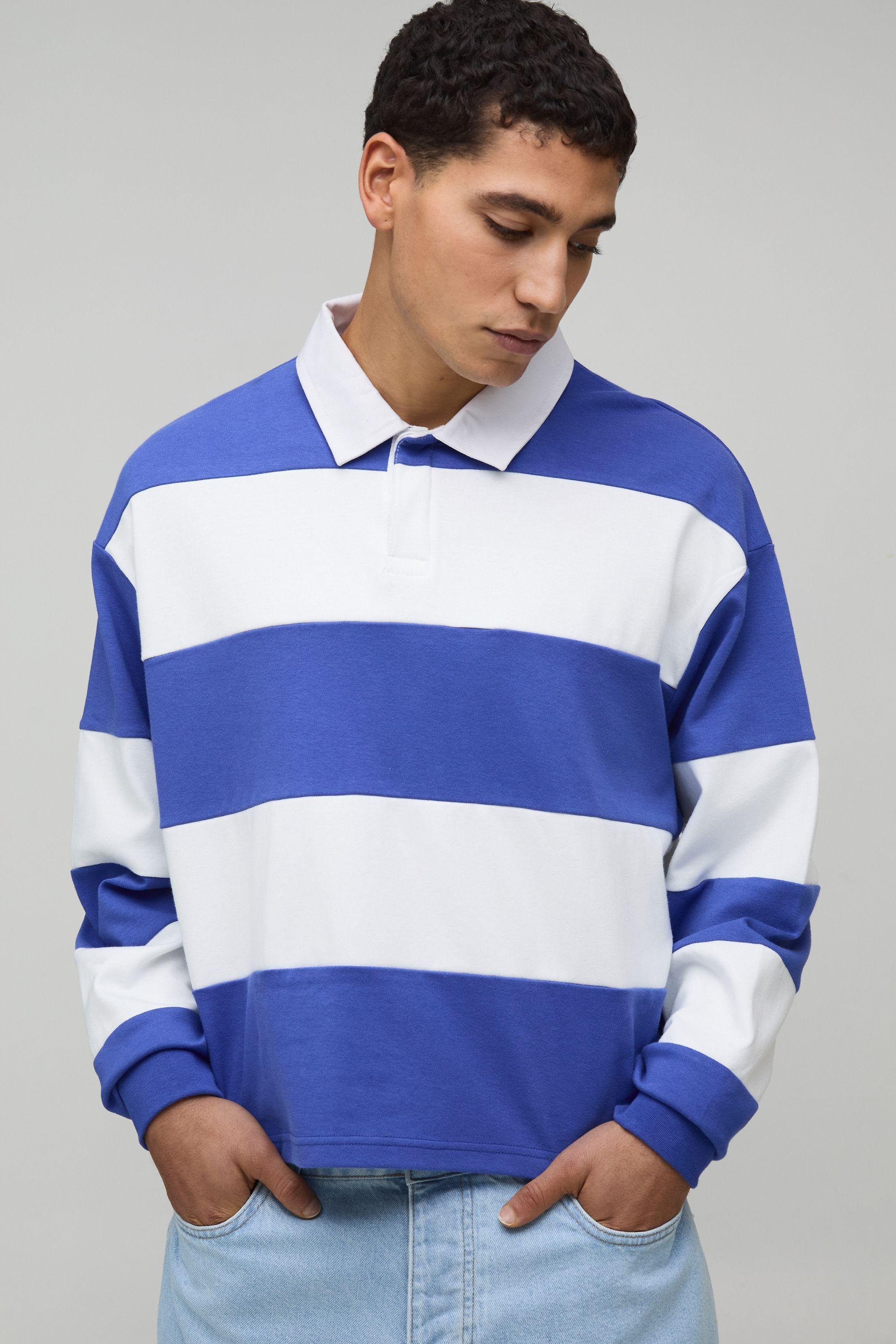 Oversized Shrunken Stripe Interlock Long Sleeve Rugby Polo by BOOHOOMAN