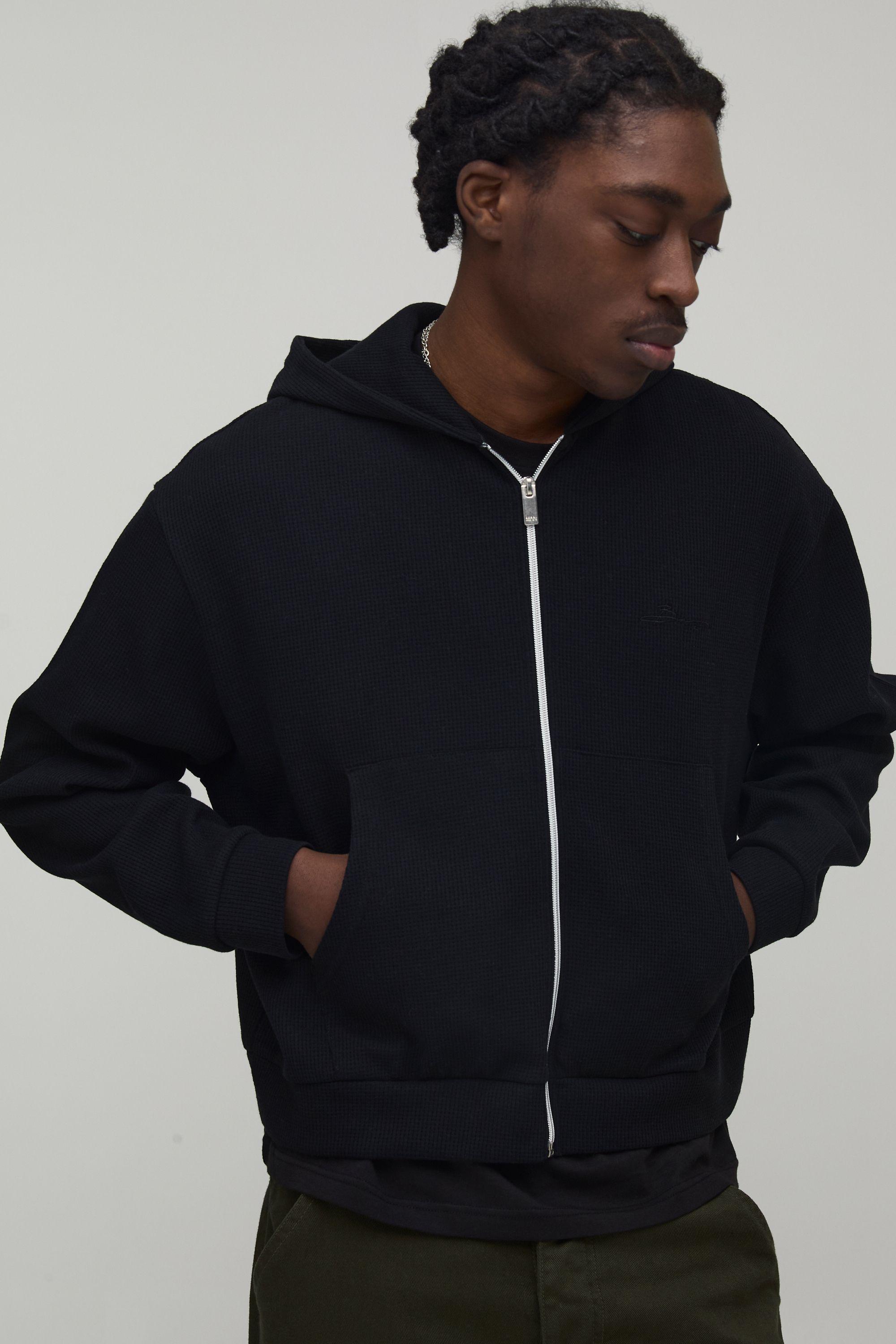 Oversized Shrunken Waffle Zip Through Hoodie by BOOHOOMAN