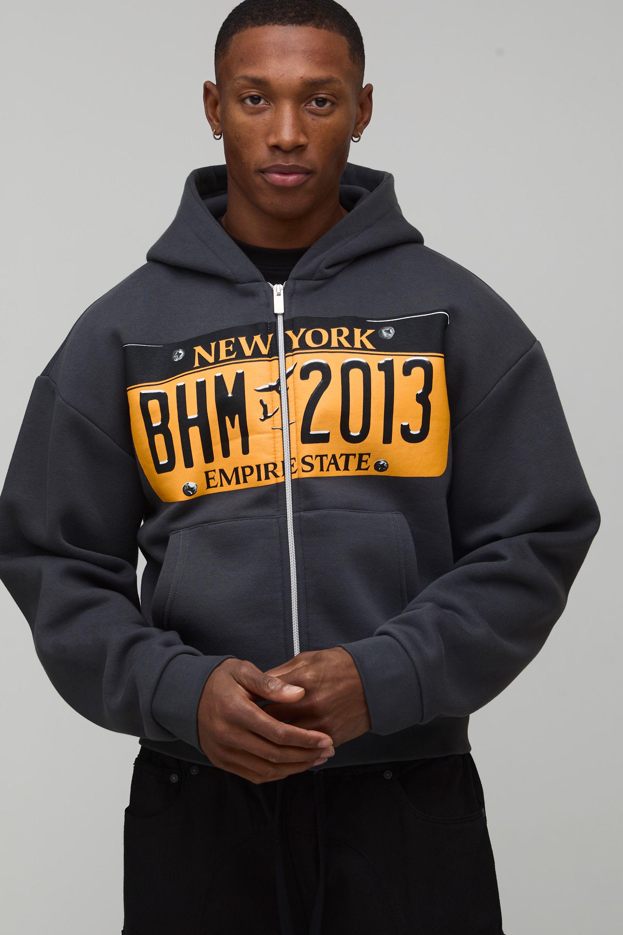 Oversized Shrunken Washed Licence Plate Graphic Zip Through Hoodie by BOOHOOMAN