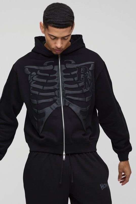 Oversized Skeleton Puff Print Zip Through Hoodie by BOOHOOMAN