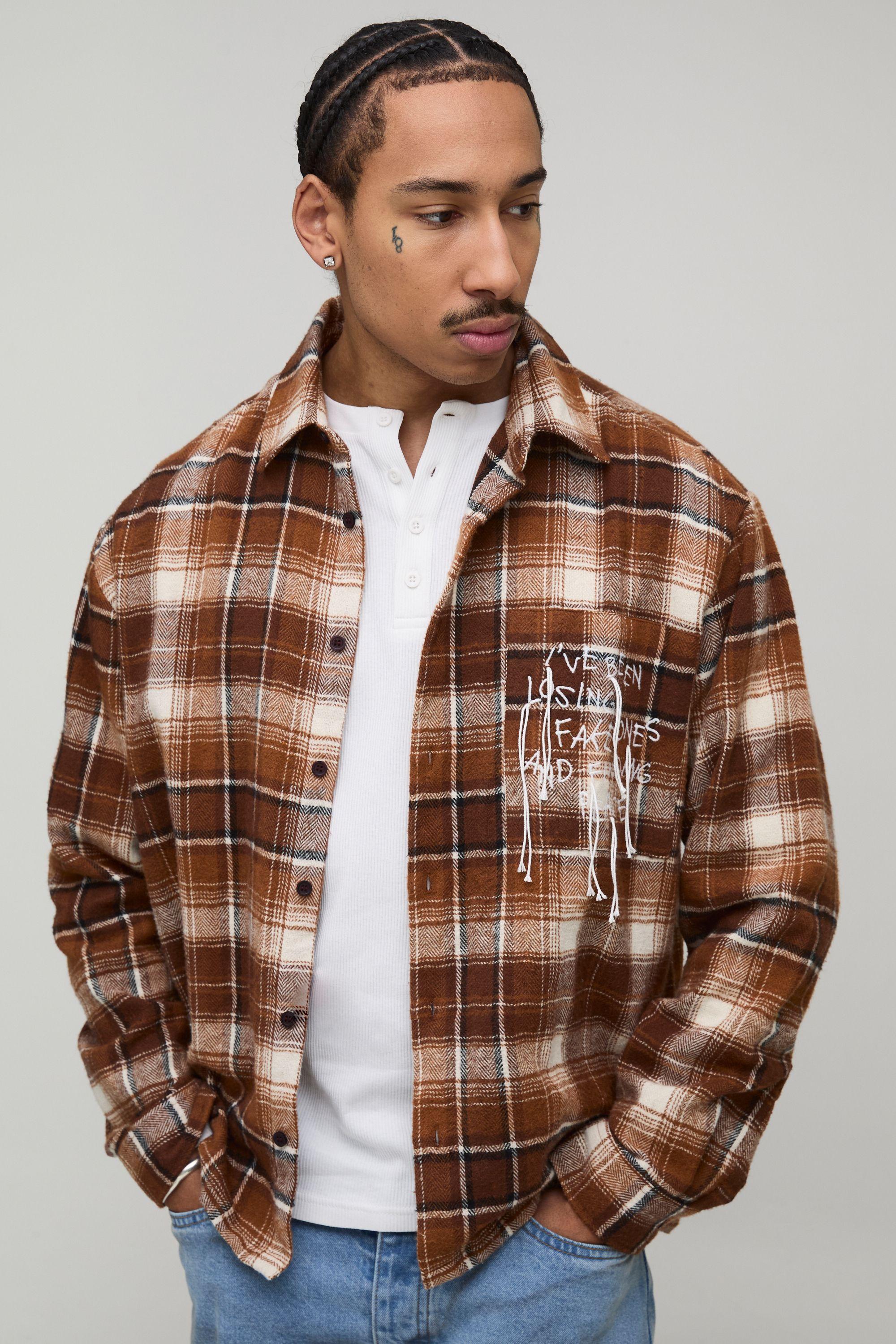 Oversized Slogan Embroidery Checked Long Sleeve Shirt by BOOHOOMAN