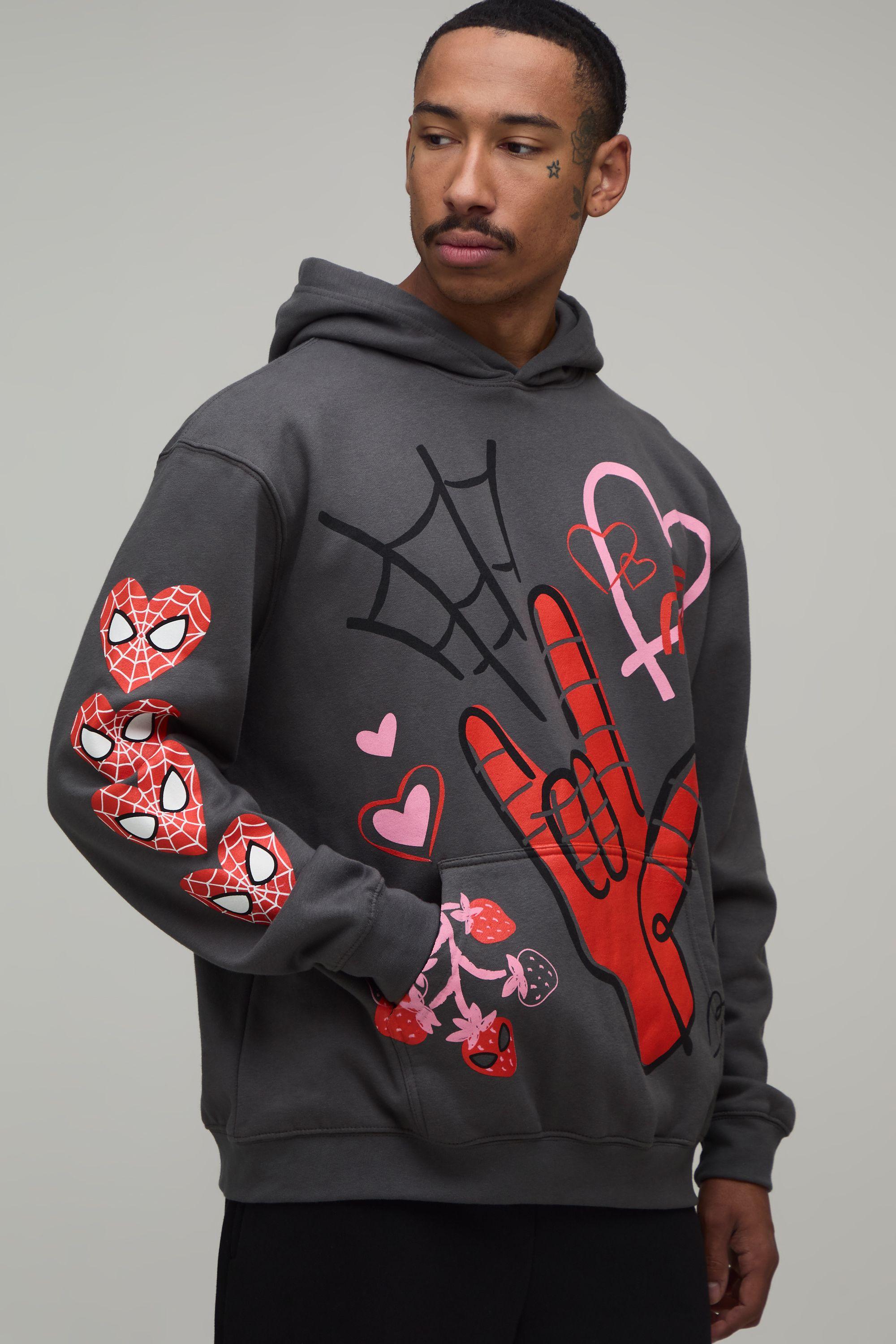 Oversized SpiderMan Multi Print License Hoodie by BOOHOOMAN