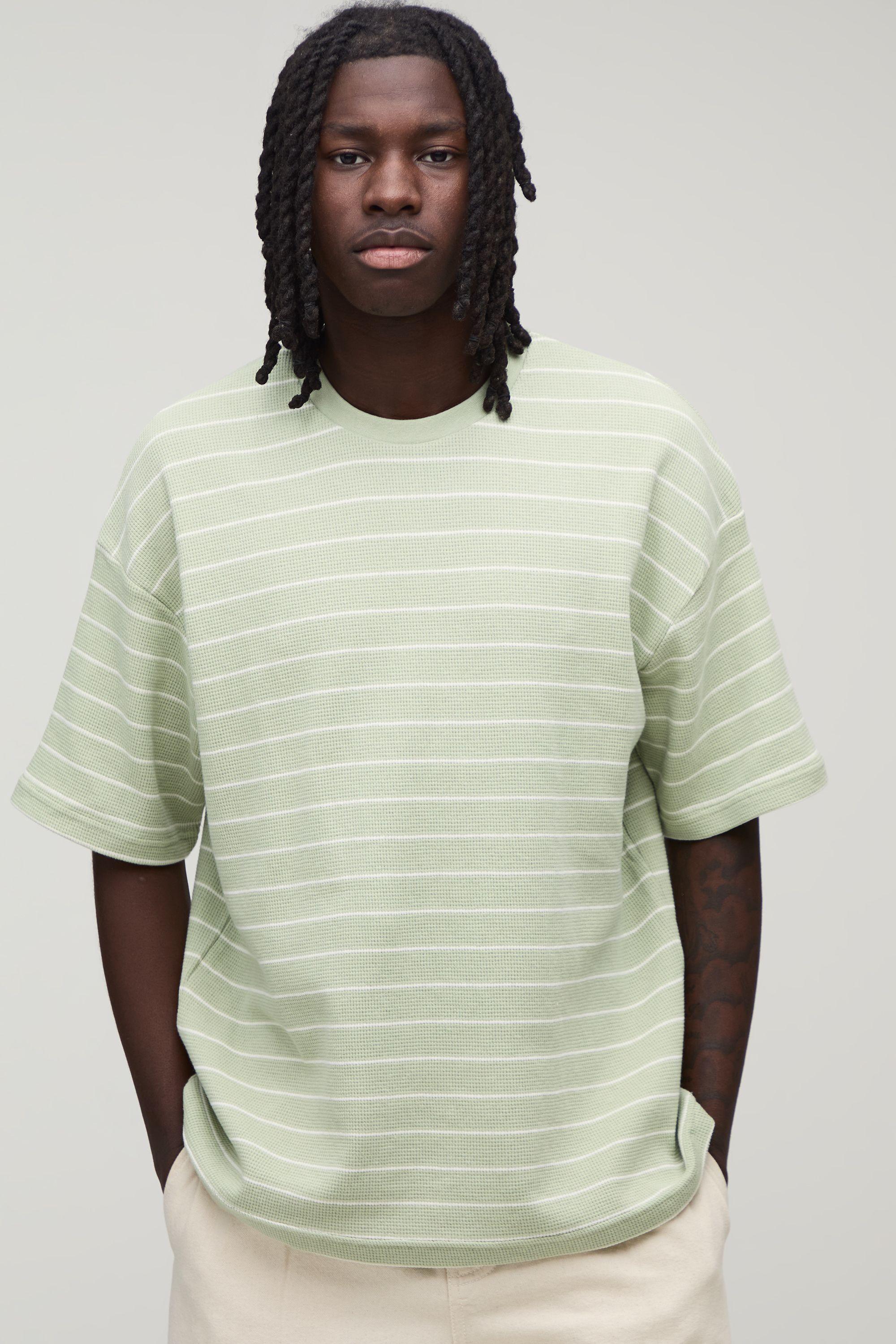 Oversized Striped Short Sleeve Waffle T-Shirt by BOOHOOMAN