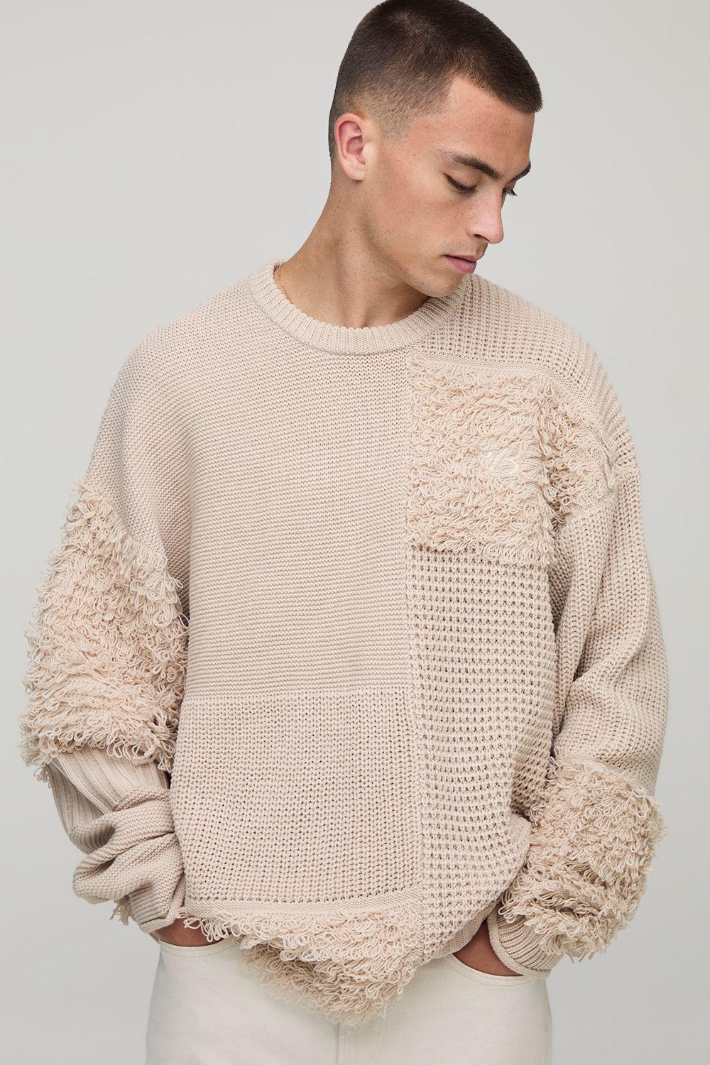 Oversized Textured Multi Patch Knitted Jumper by BOOHOOMAN