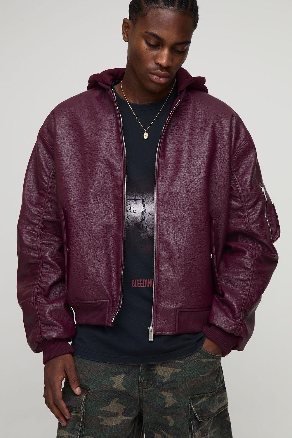 Oversized Textured PU Jersey Hooded Bomber Jacket by BOOHOOMAN Oversized Textured PU Jersey Hooded Bomber Jacket by BOOHOOMAN