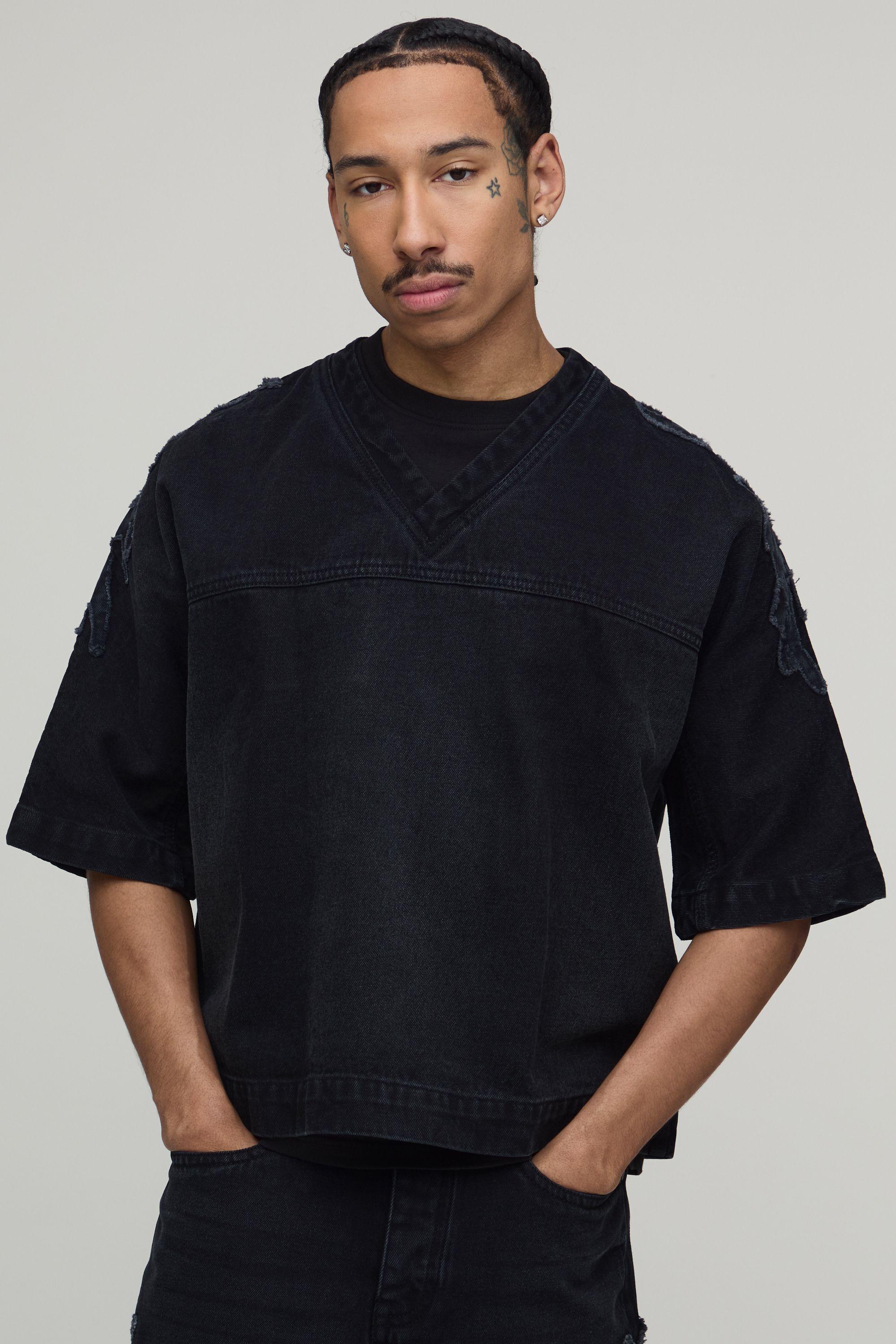 Oversized Varsity Applique Denim T-shirt by BOOHOOMAN
