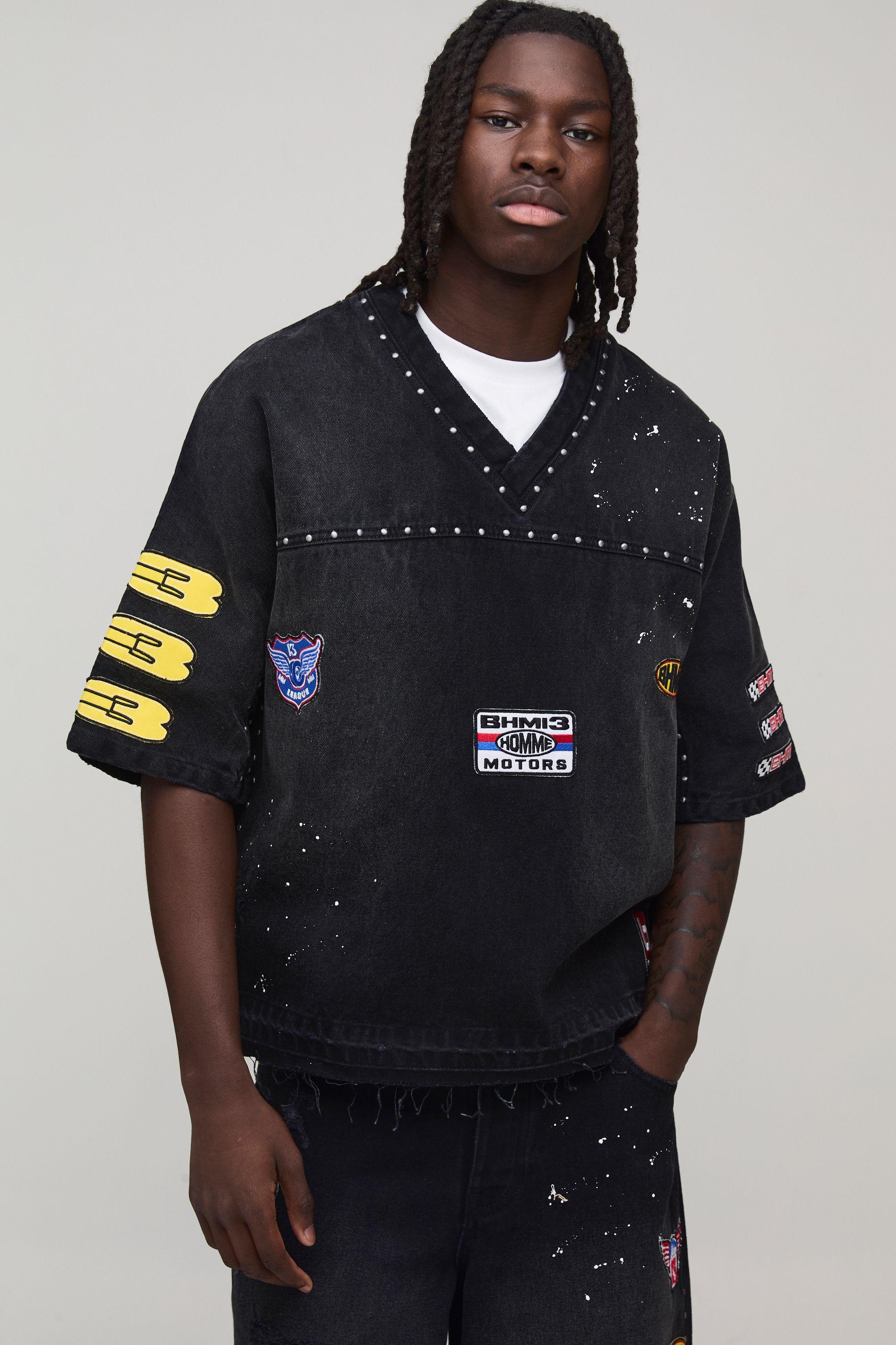 Oversized Washed Moto Badge Denim Hocket T-Shirt by BOOHOOMAN
