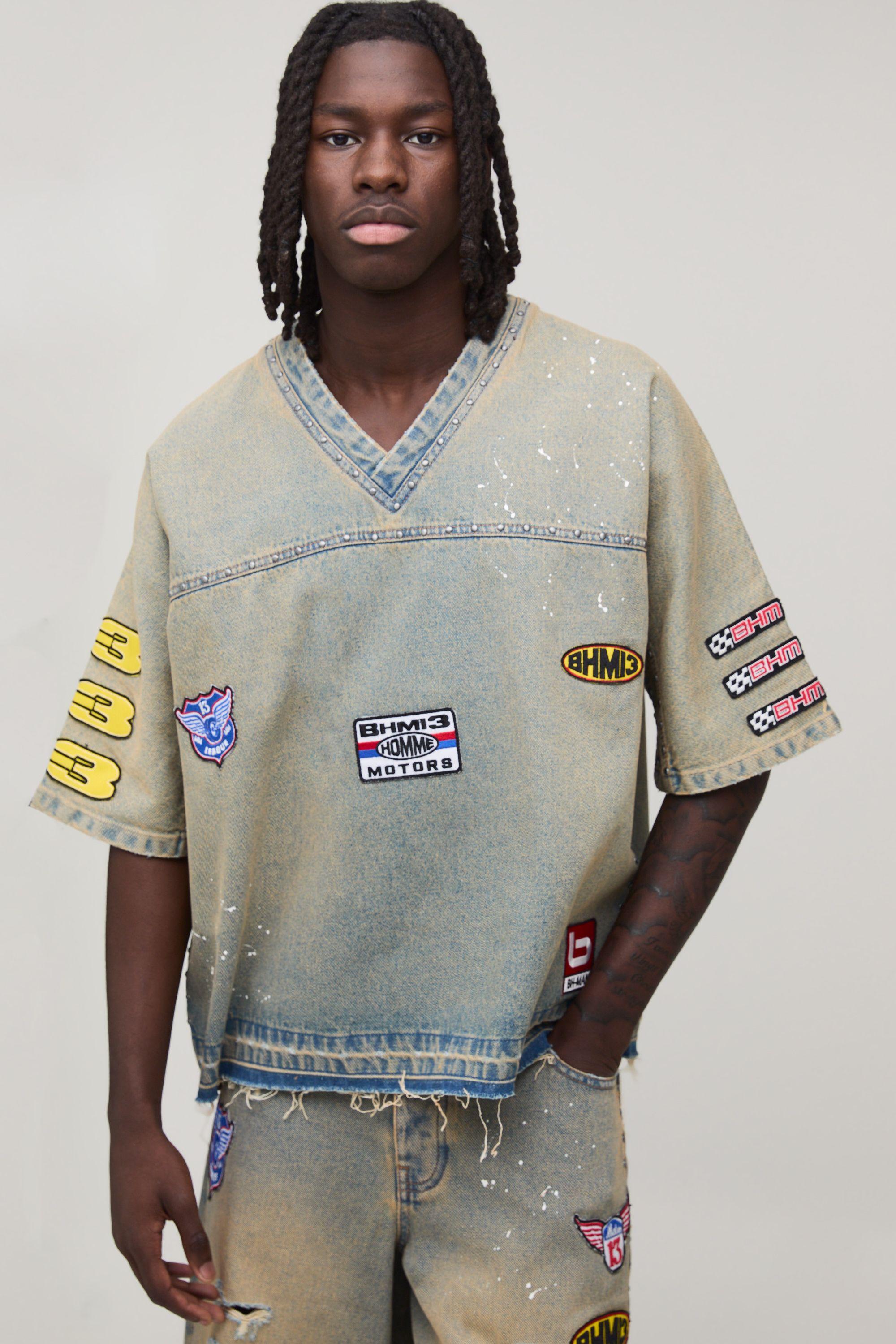 Oversized Washed Moto Badge Denim Hockey T-Shirt by BOOHOOMAN