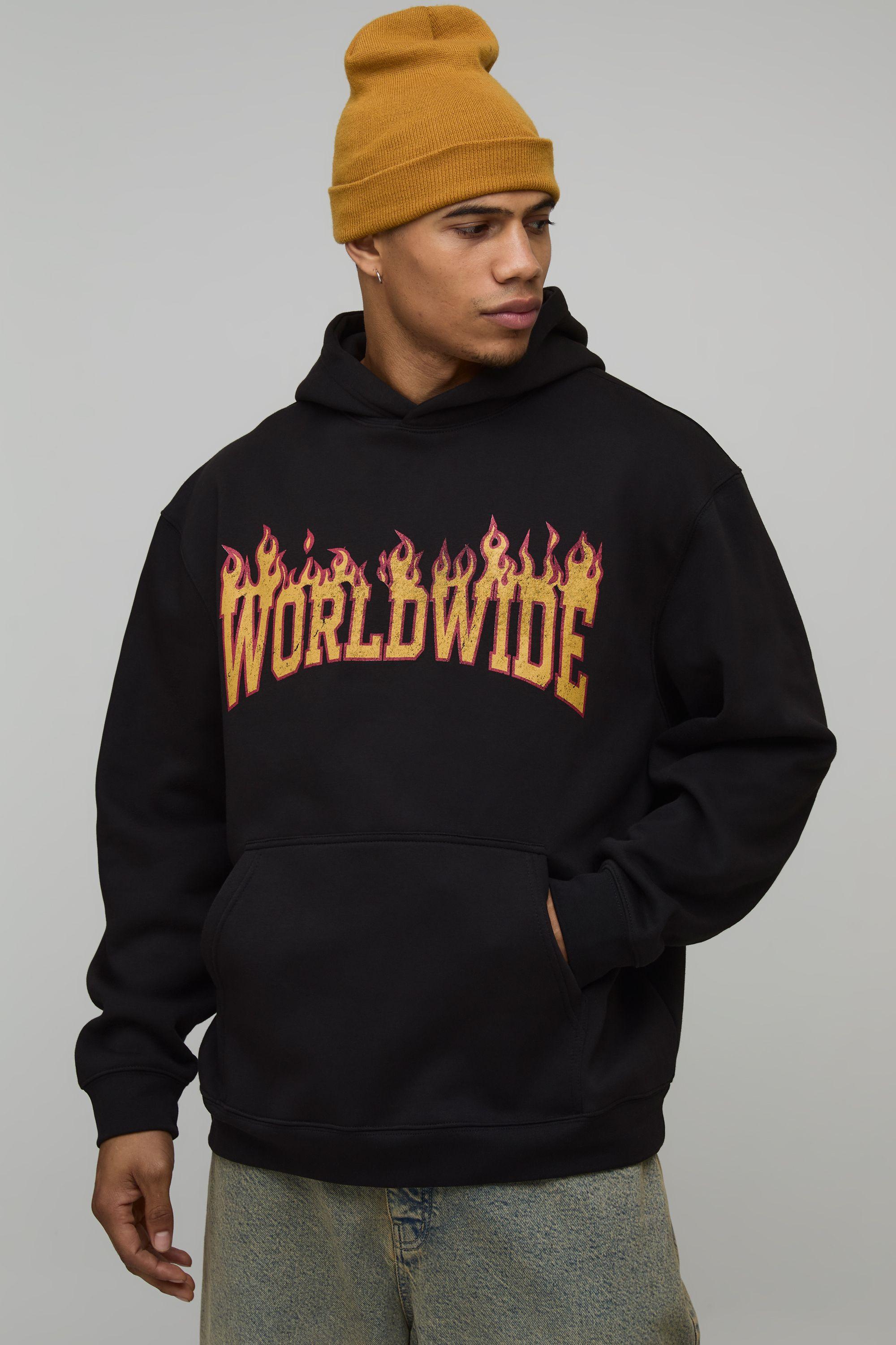 Oversized Worldwide Flame Printed Hoodie by BOOHOOMAN