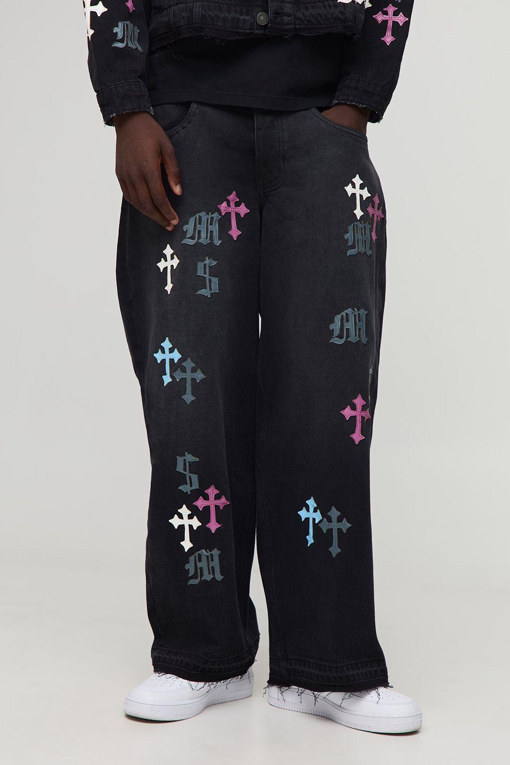 PU Applique Baggy Jeans by BOOHOOMAN
