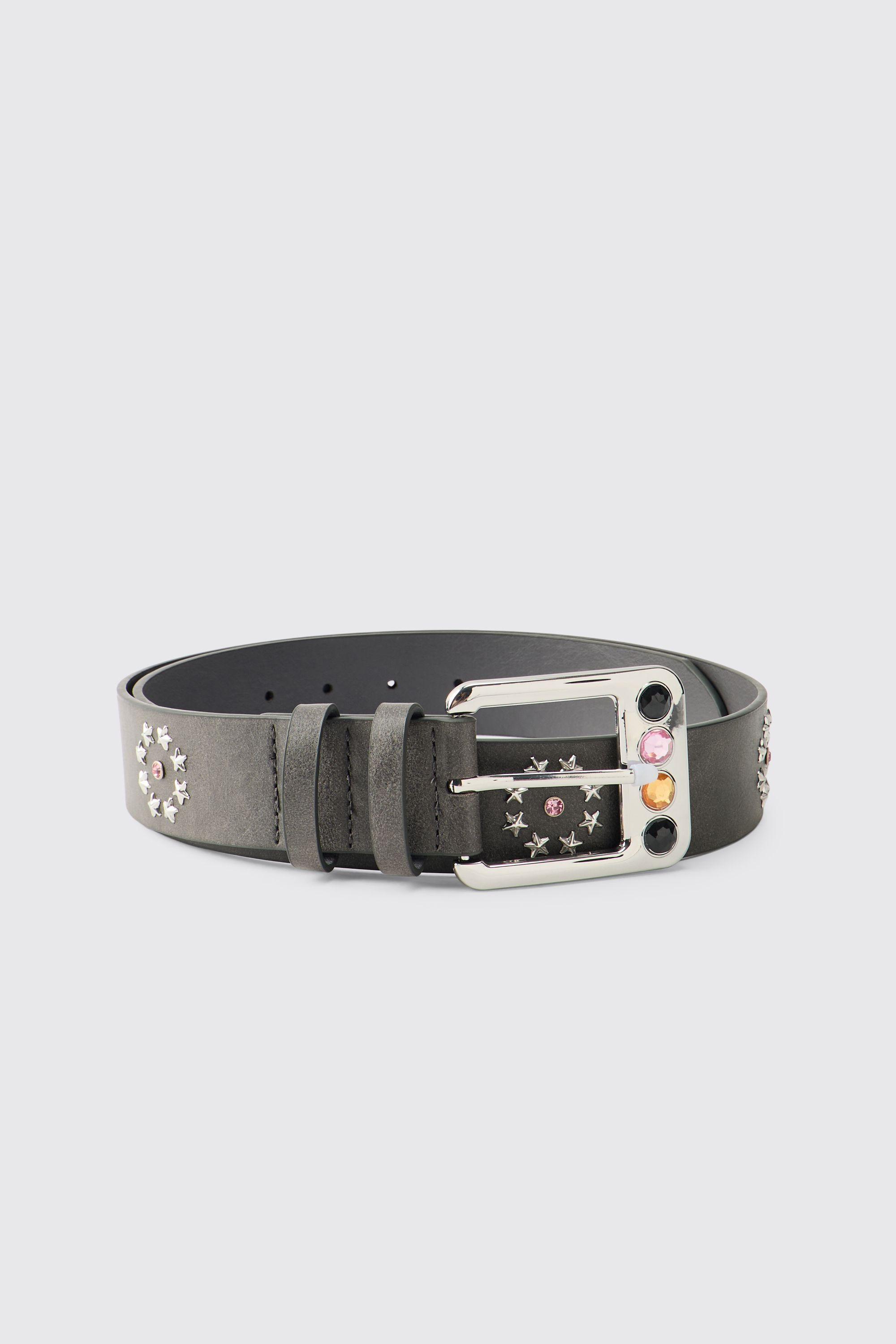PU Belt with Multi-Color Gem Buckle by BOOHOOMAN