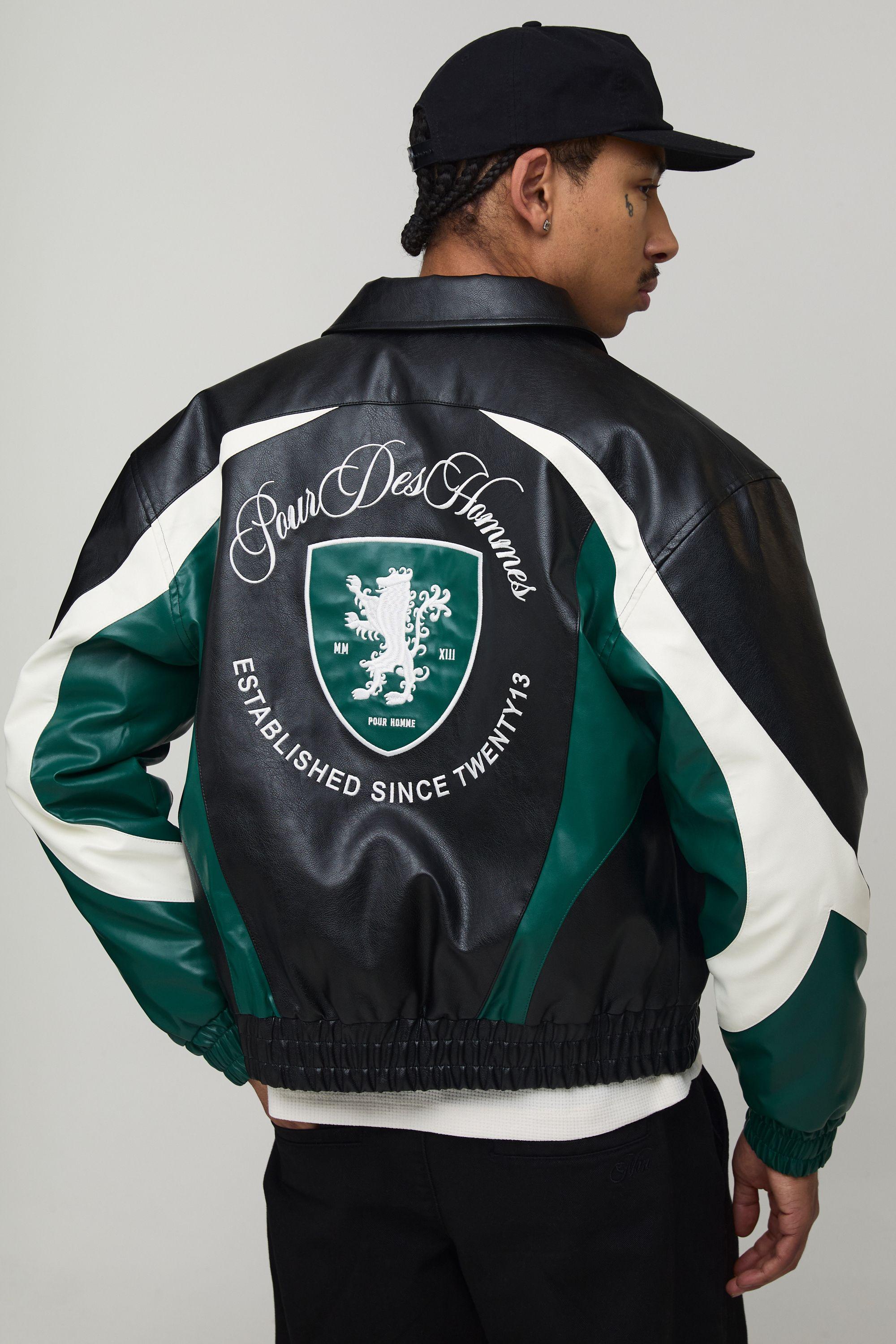 PU Colour Block Panel Embroidered Varsity Jacket by BOOHOOMAN