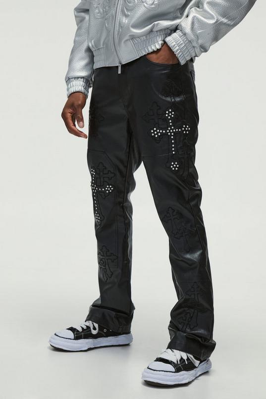 PU Fixed Waist Slim Flare Applique Rhinestone Trouser by BOOHOOMAN