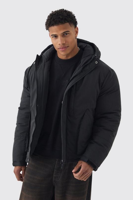 Padded Drawcord Hooded Parka Coat In Black by BOOHOOMAN