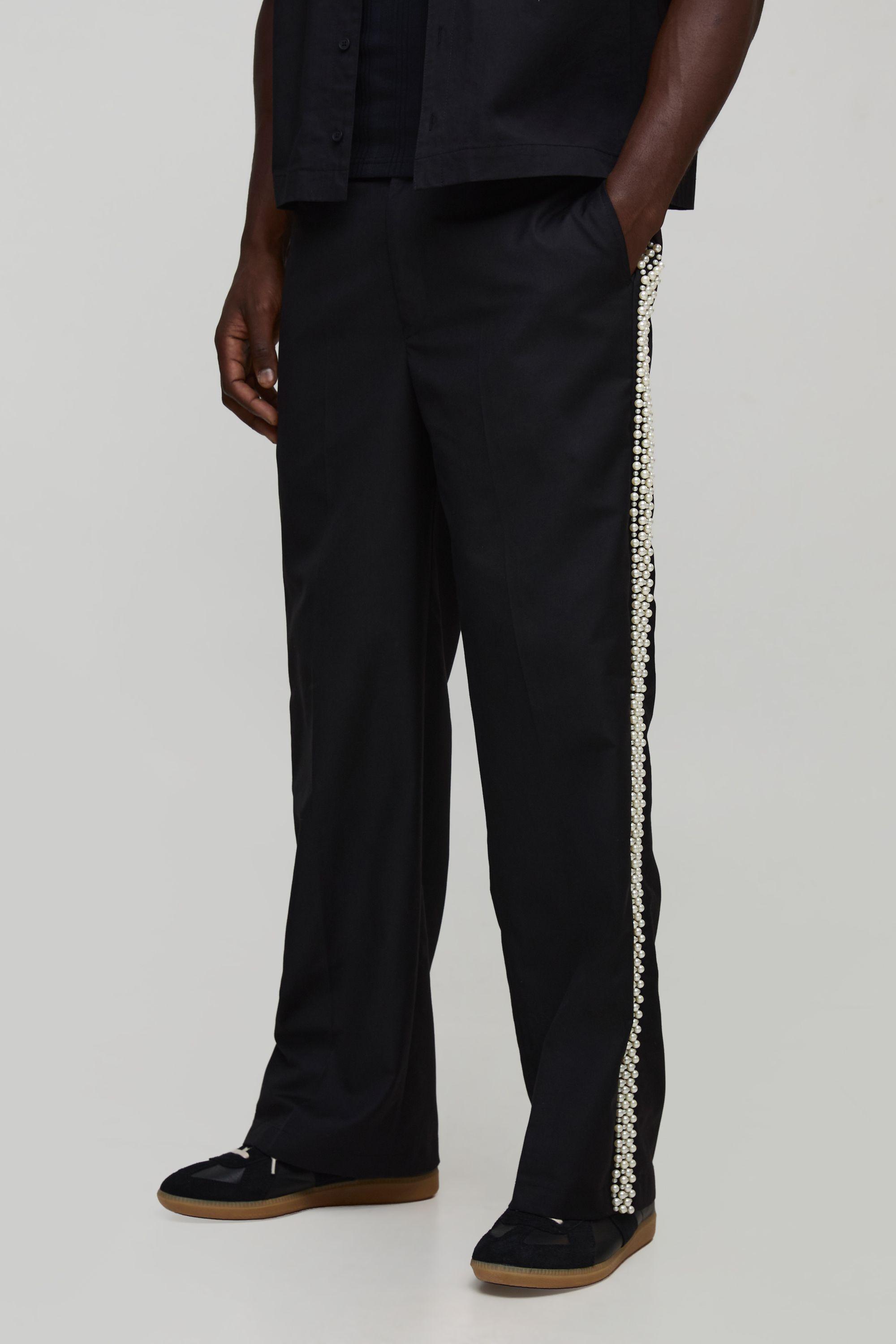 Pearl Trim Half and Half Waist Crease Front Wide Leg Trouser by BOOHOOMAN