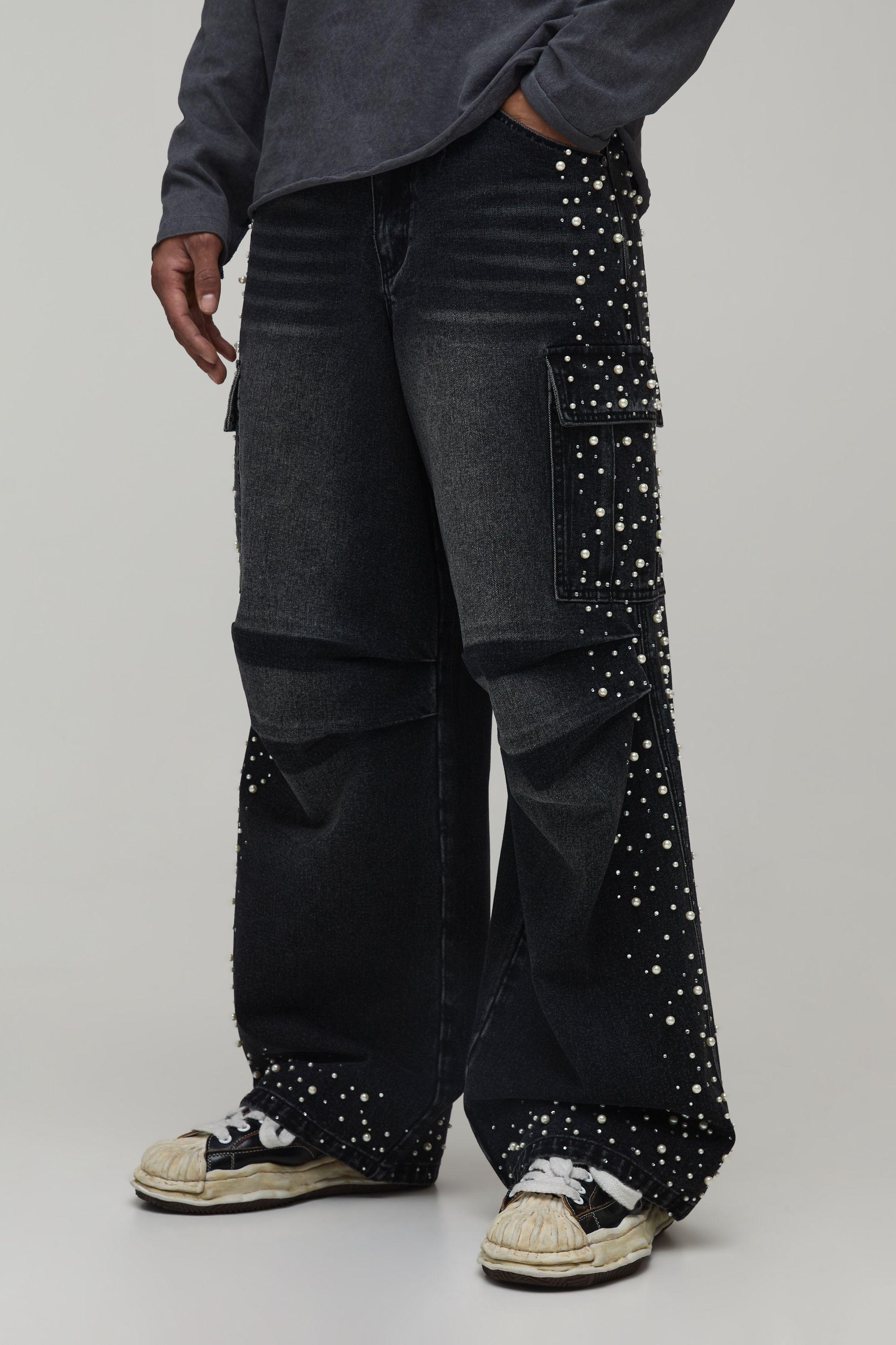 Pearl & Rhinestone Embellished Washed Parachute Fit Jeans by BOOHOOMAN