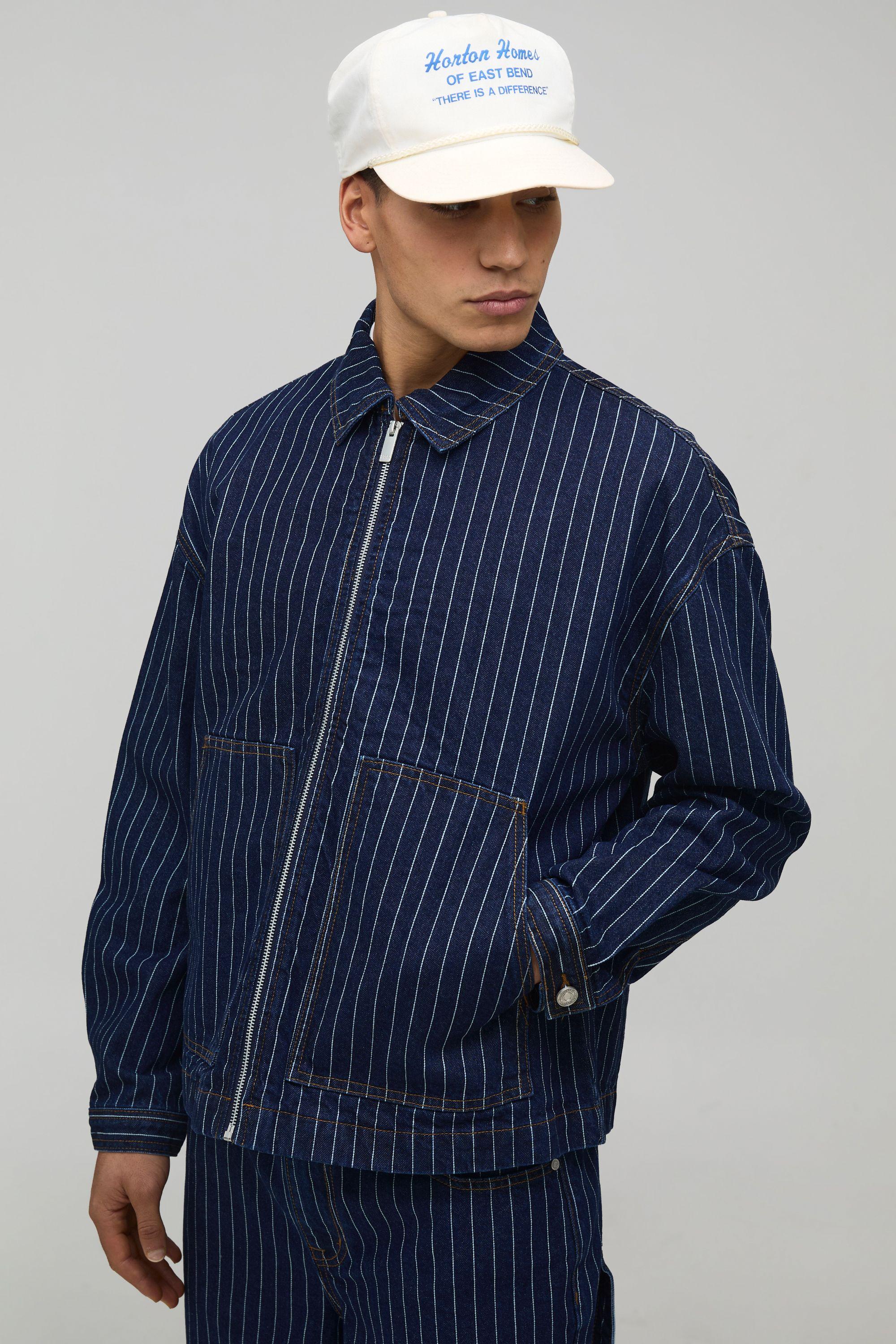 Pinstripe Boxy Denim Jacket by BOOHOOMAN